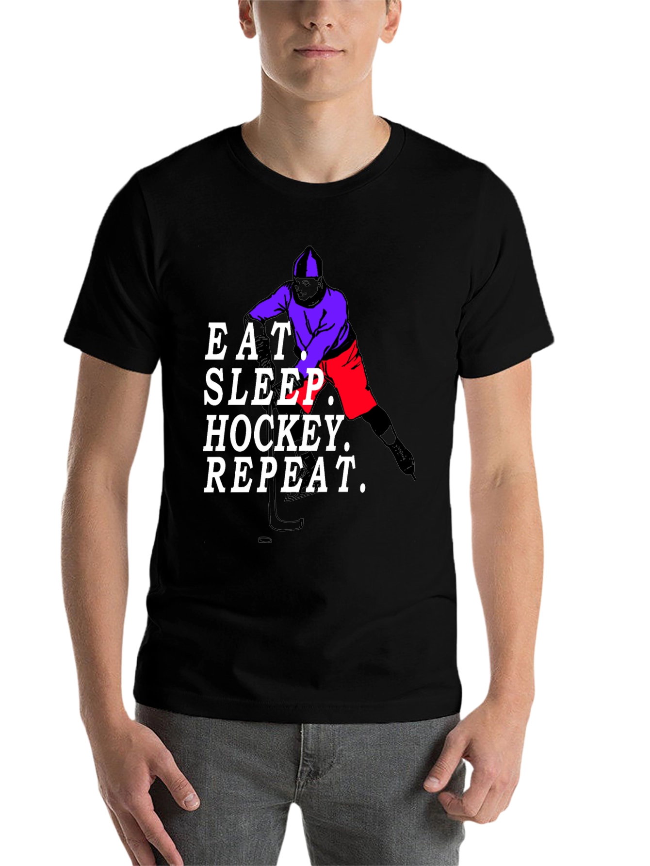 Black Eat Sleep Hockey Repeat Black T-Shirt view 7