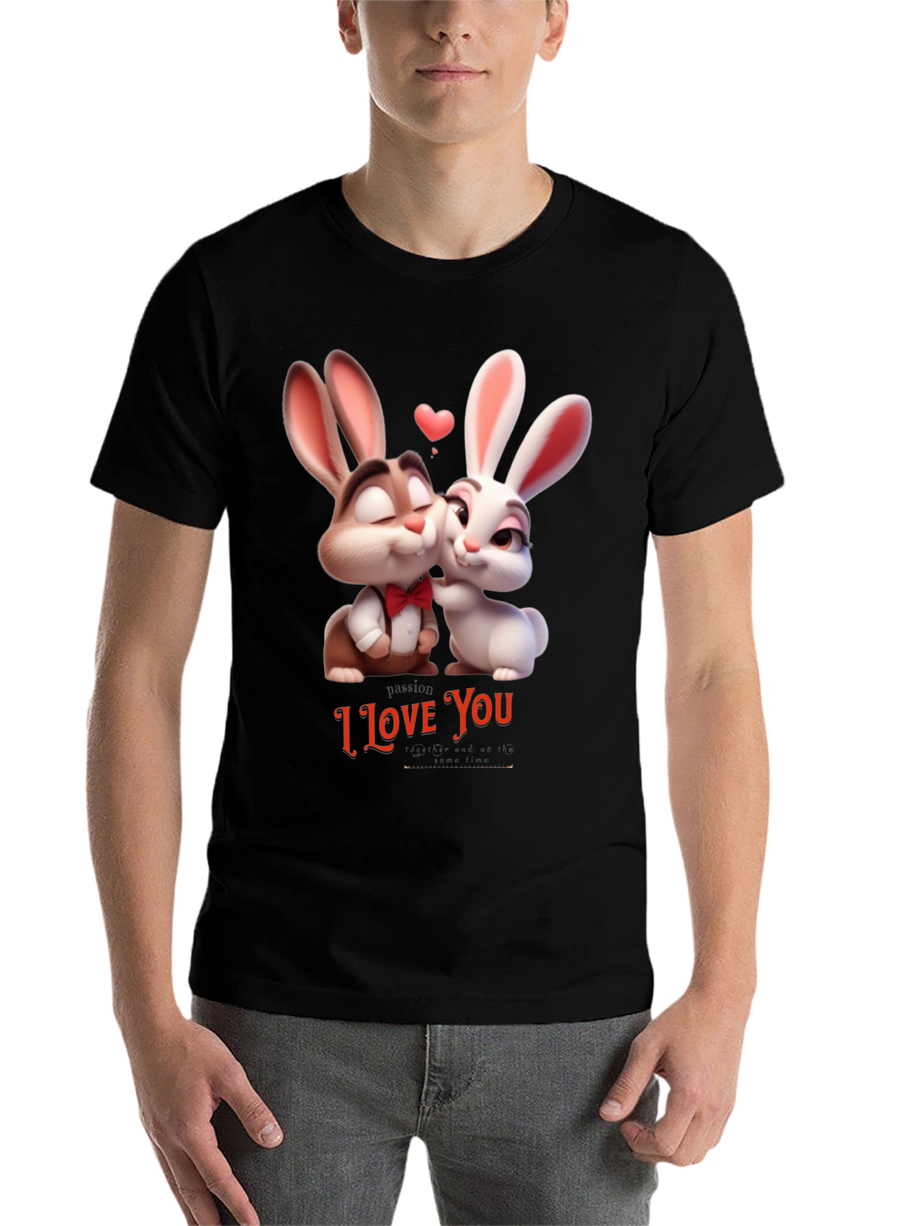 Black I Love You Valentine's Day Bunny T-Shirt view 7