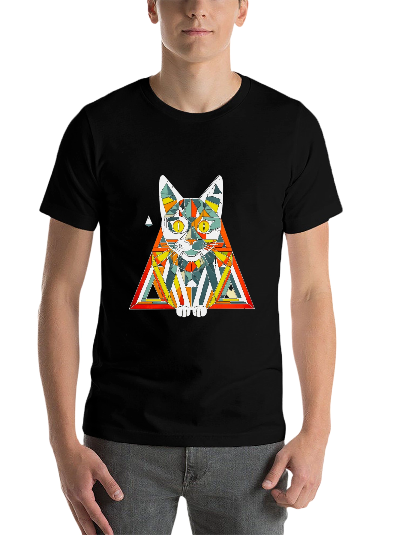 Black Geometric Cat T-Shirt: Colorful & Modern view 7