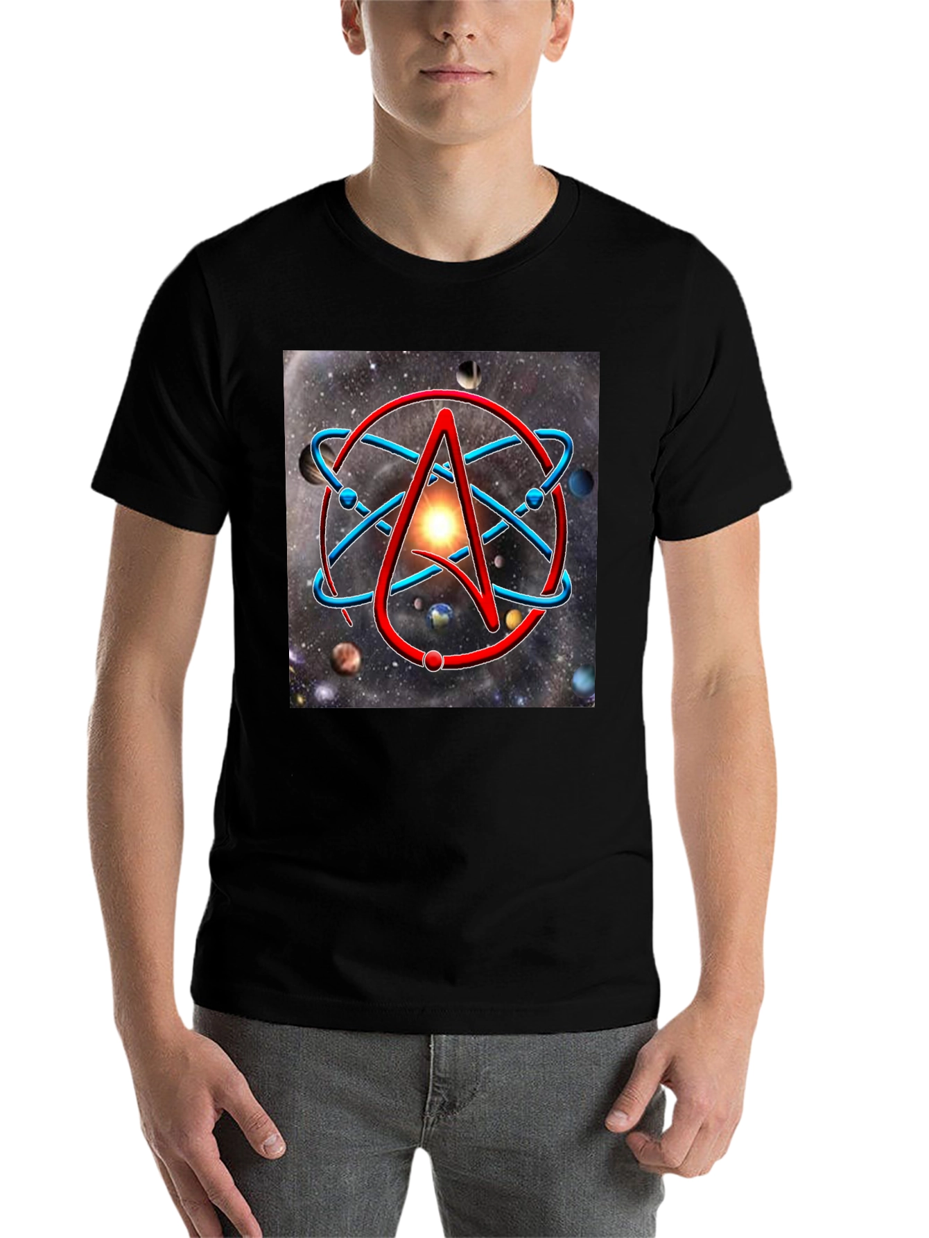 Black Atheist Symbol Graphic Tee - Space Background view 7