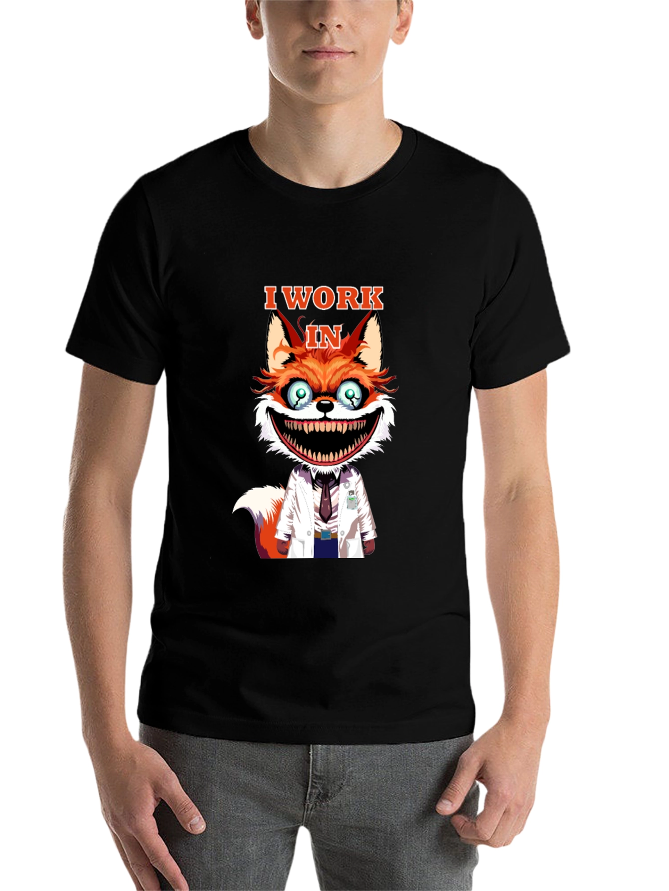 Black I Work in Crazy Fox Scientist Graphic Tee view 7