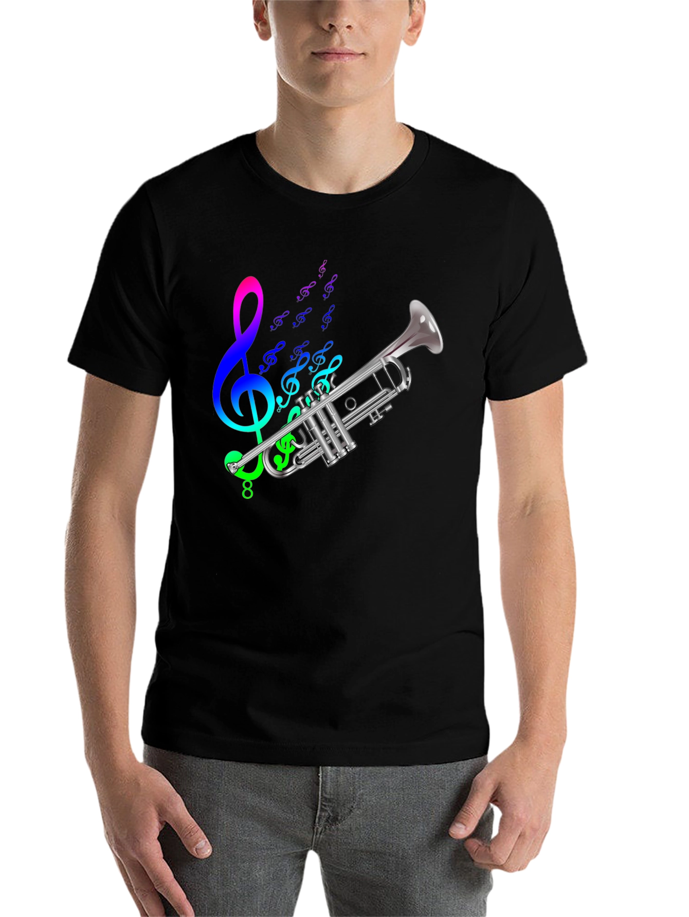 Black Musical Trumpet Graphic Tee - Black Cotton T-Shirt view 7