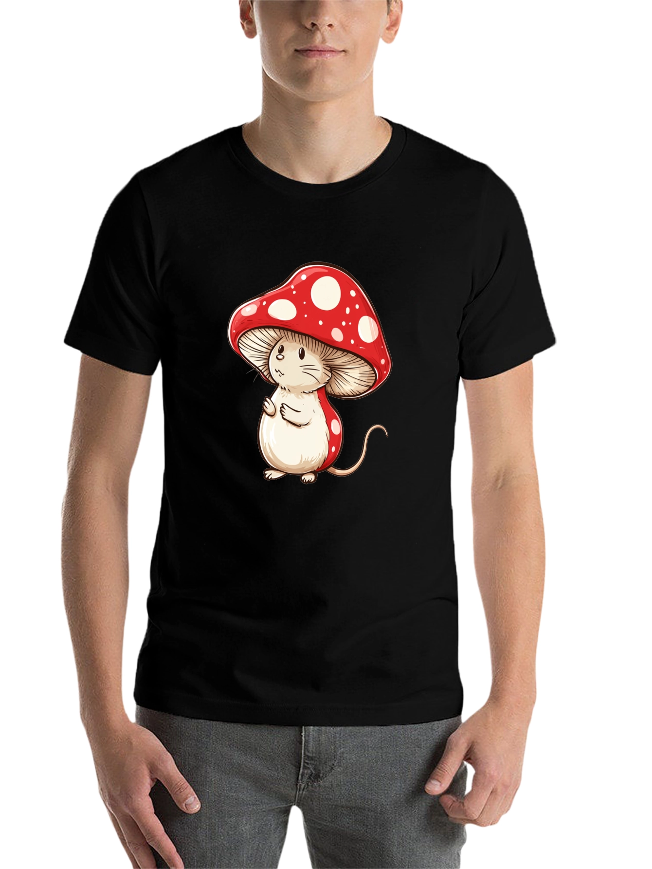 Black Mushroom Mouse T-Shirt - Fun Cartoon Graphic Tee view 7