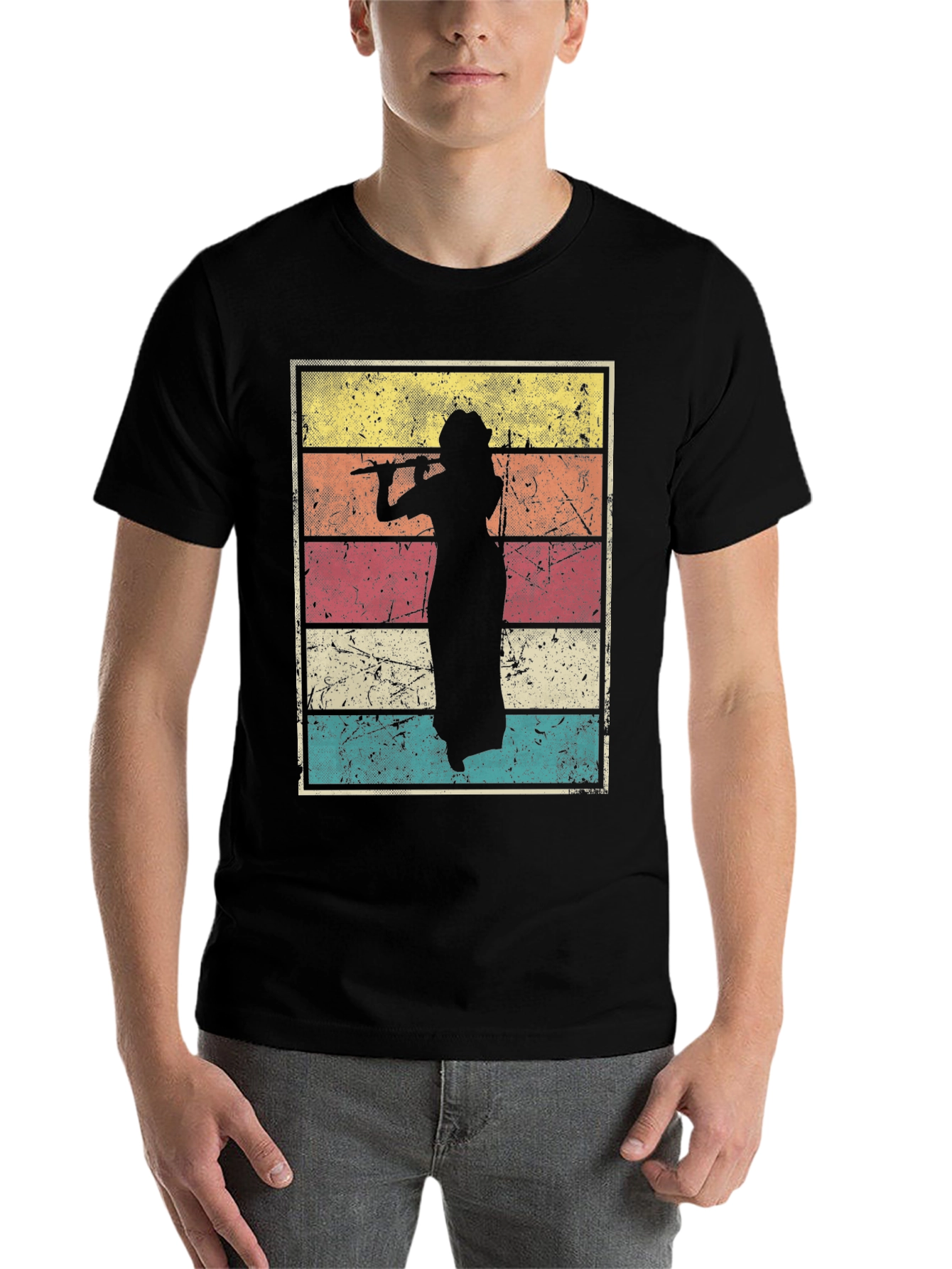 Black Retro Flute Player T-Shirt  view 7