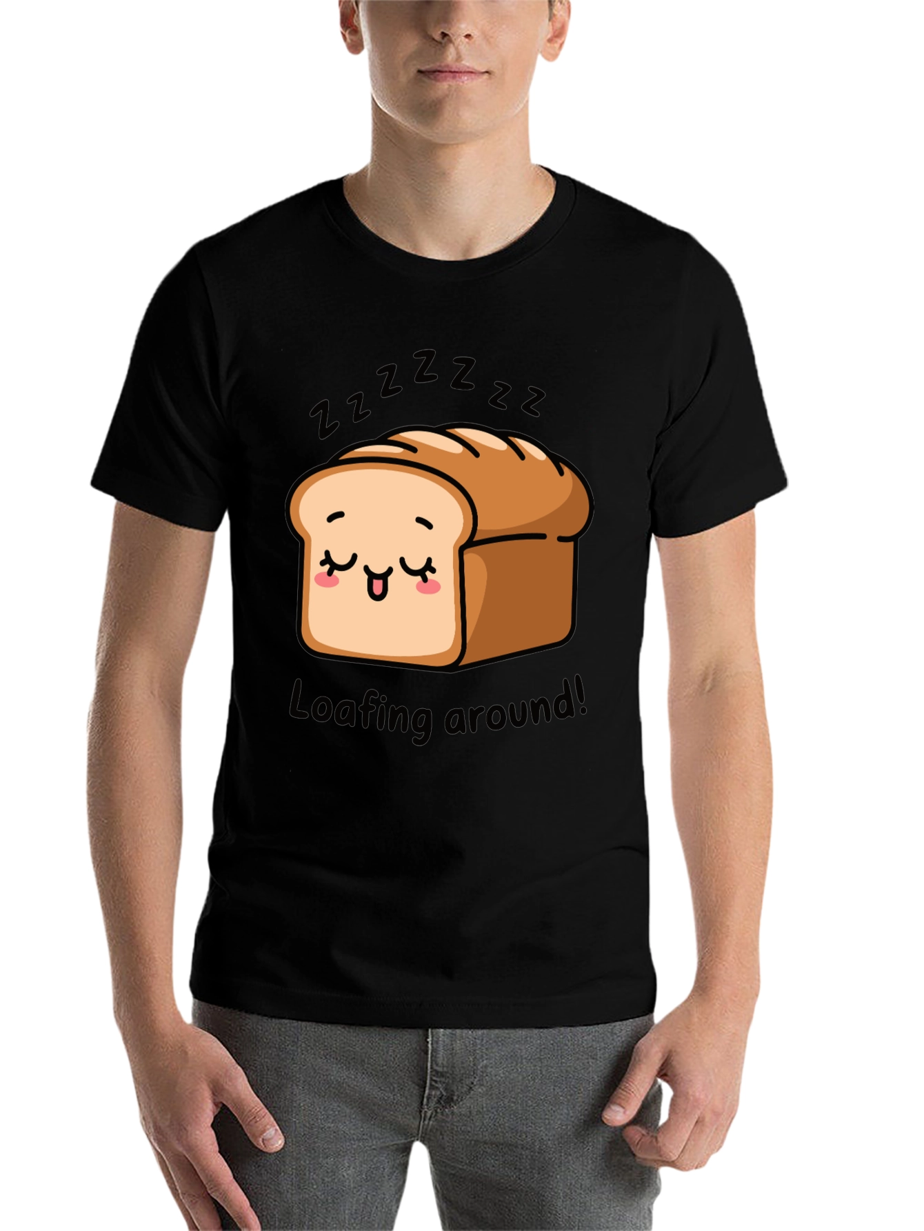 Black Loafing Around Bread Cartoon Black T-Shirt view 7