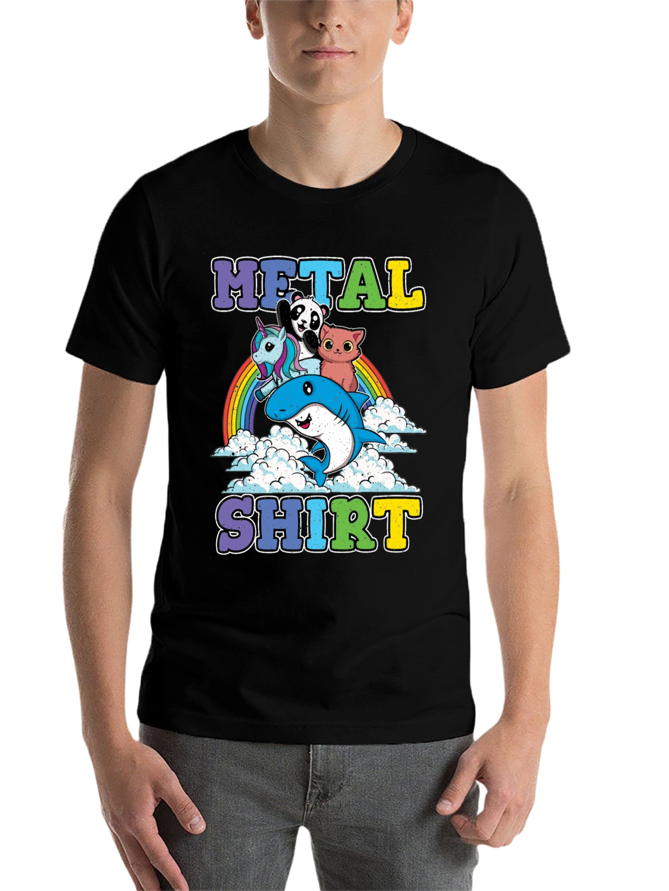 Black Metal Shirt with Cartoon Animals on Rainbow view 7