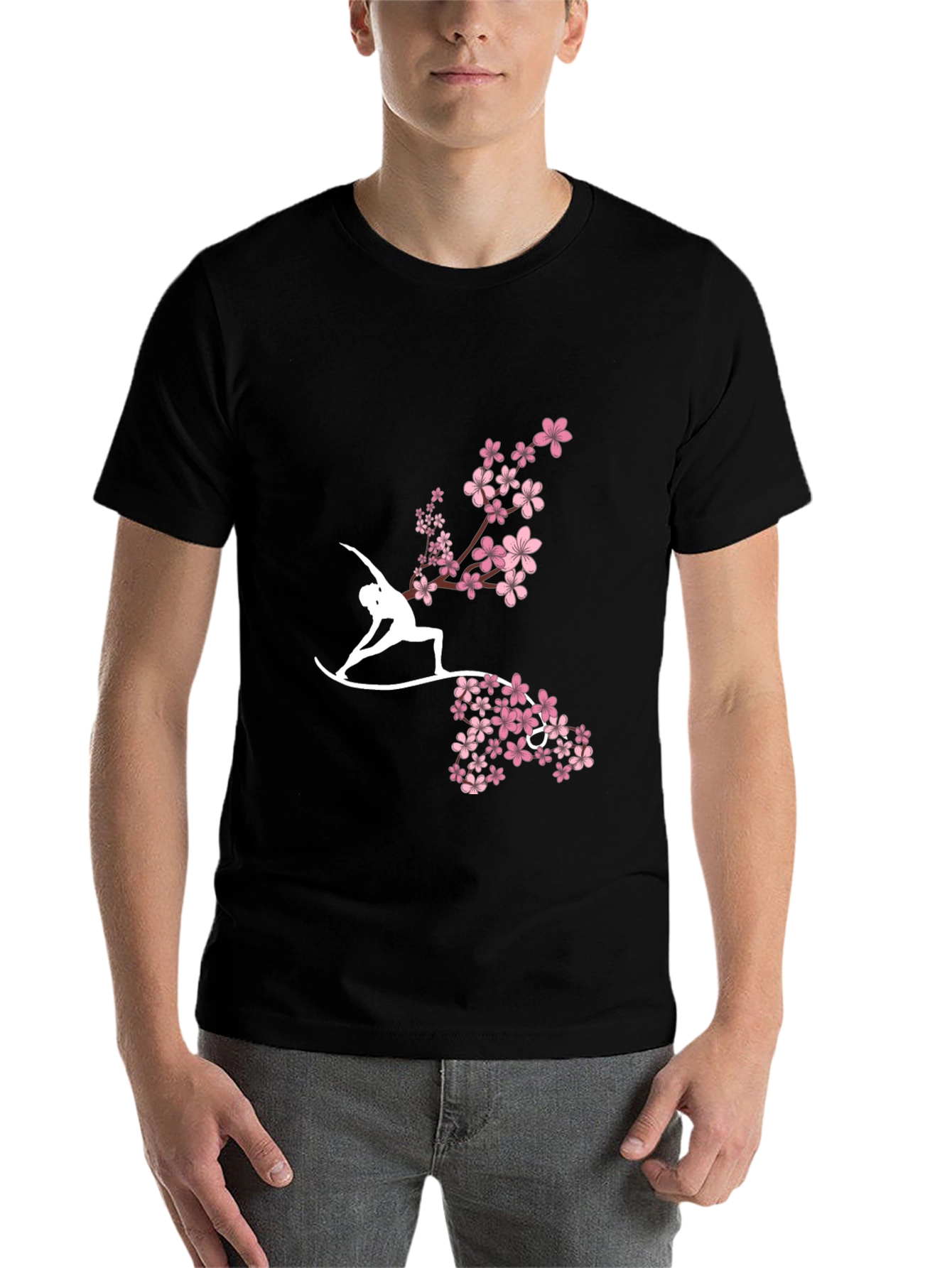 Black Yoga & Cherry Blossom Graphic Tee - Black view 7
