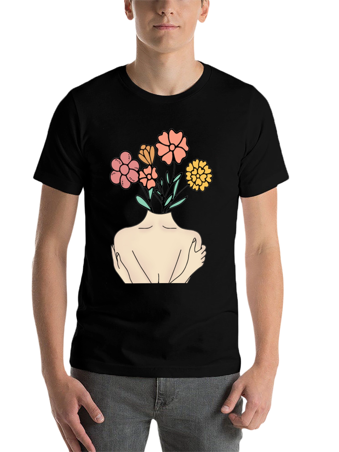 Black Floral Head Black Tee - Self Love Graphic Shirt view 7