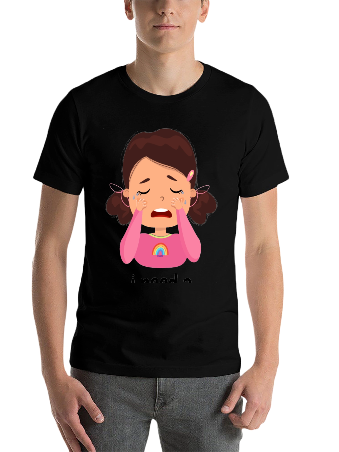 Black Crying Cartoon Girl Graphic Tee - Black Unisex Shirt view 7