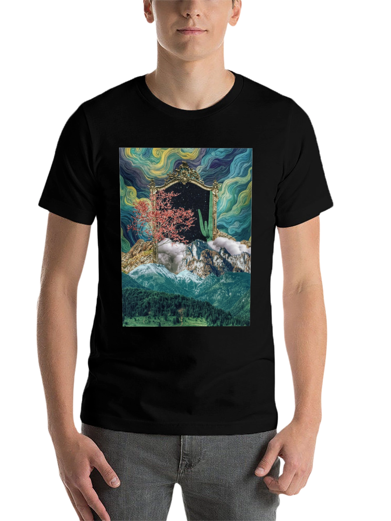 Black Surreal Landscape Mirror Graphic T-Shirt view 7
