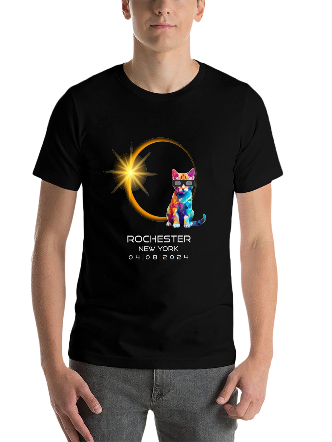 Black Rochester NY Eclipse 2024 Cat T-Shirt view 7