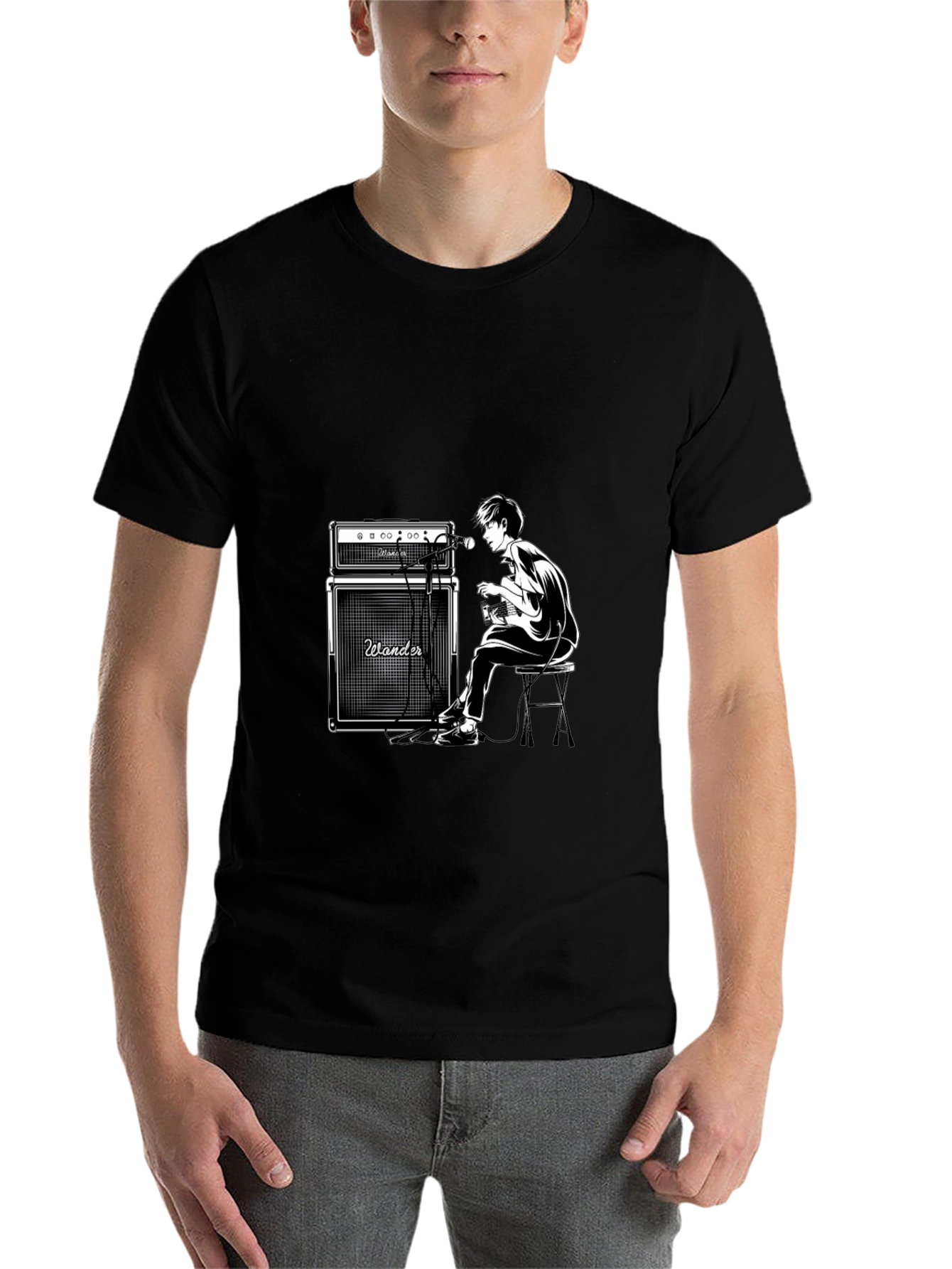 Black Wander Guitarist Graphic Tee - Black Unisex T-Shirt view 7