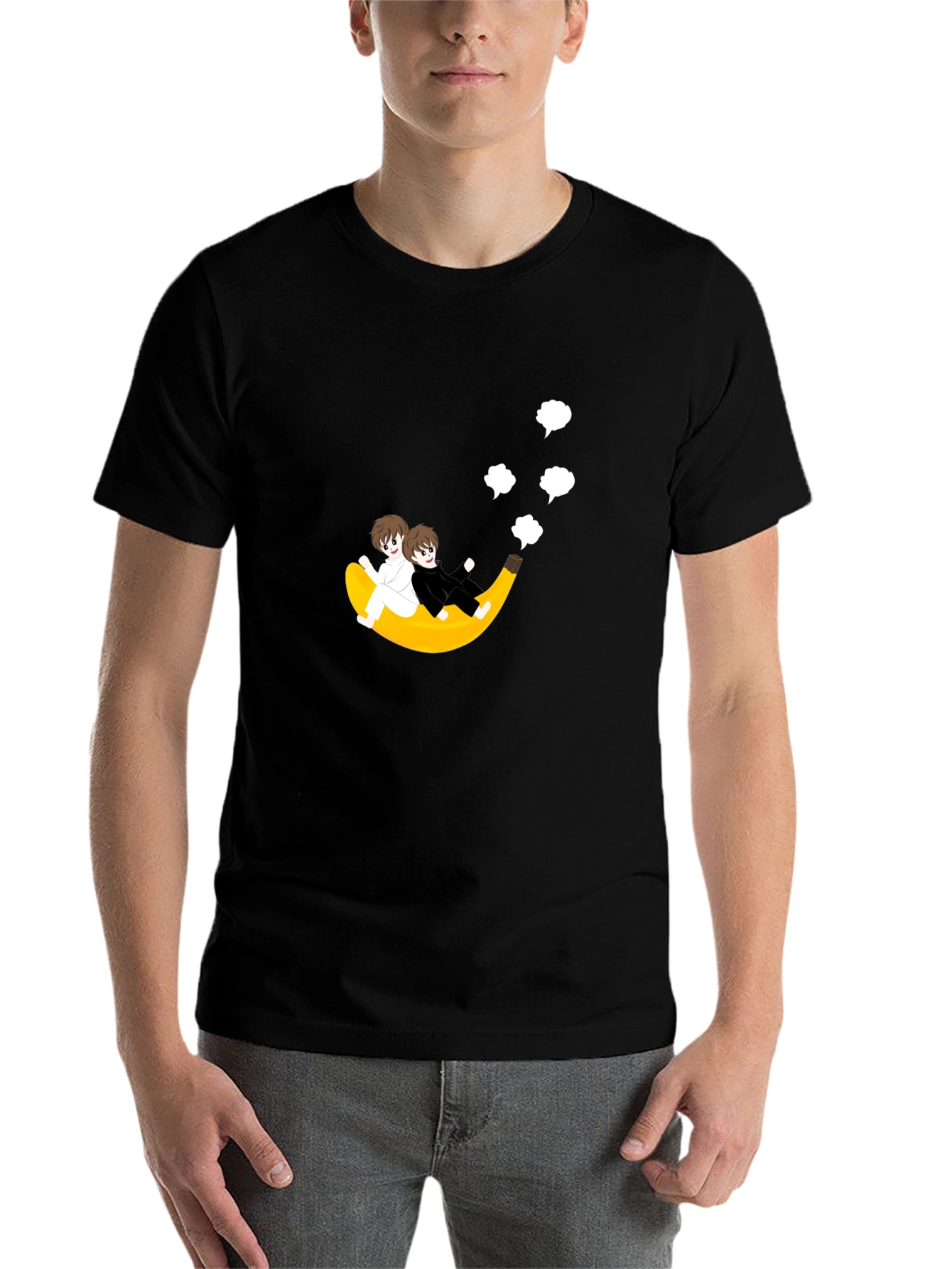 Black Whimsical Banana Ride T-Shirt - Unique Cartoon Design view 7