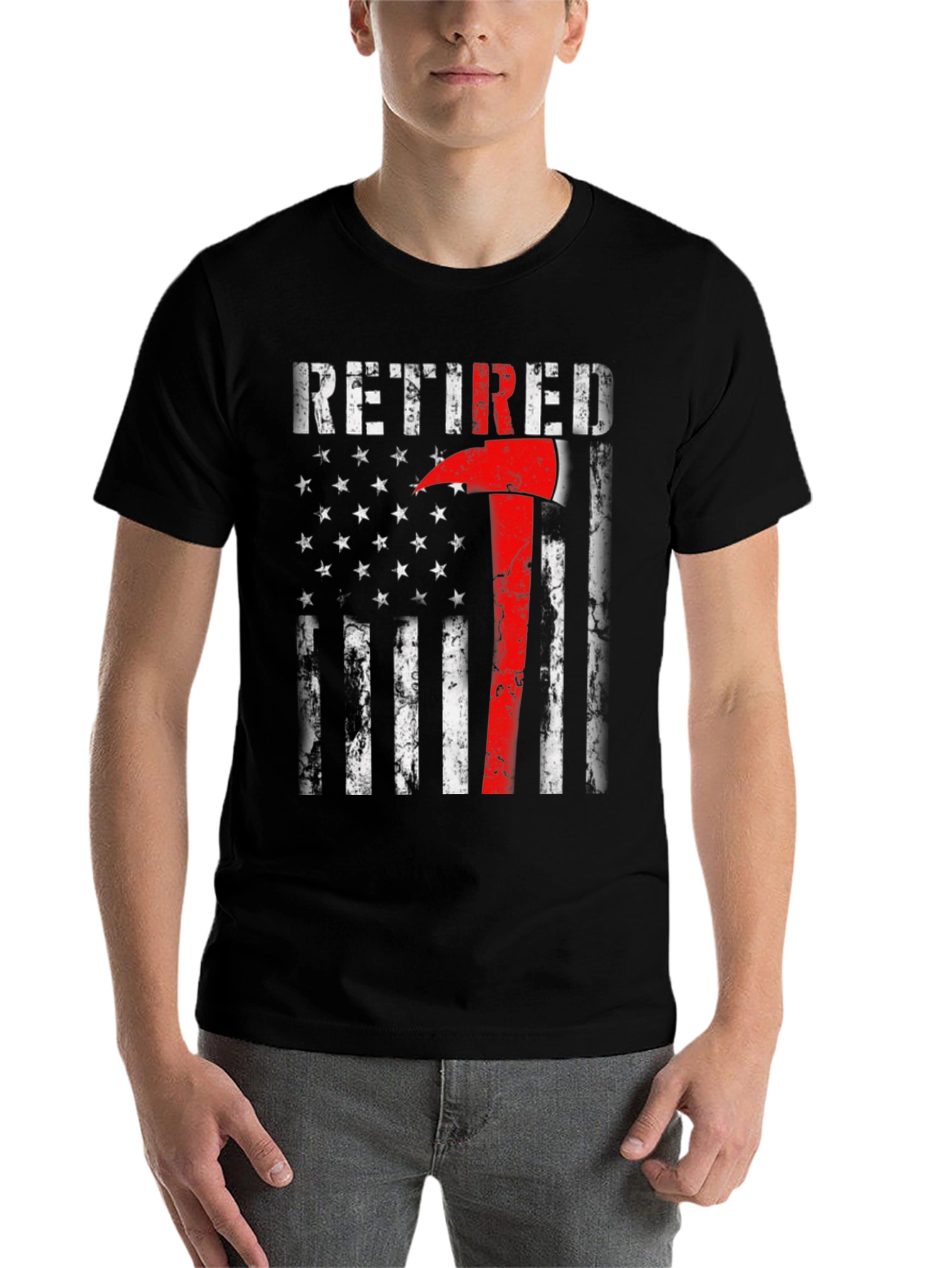 Black Retired Firefighter Axe American Flag T-Shirt view 7