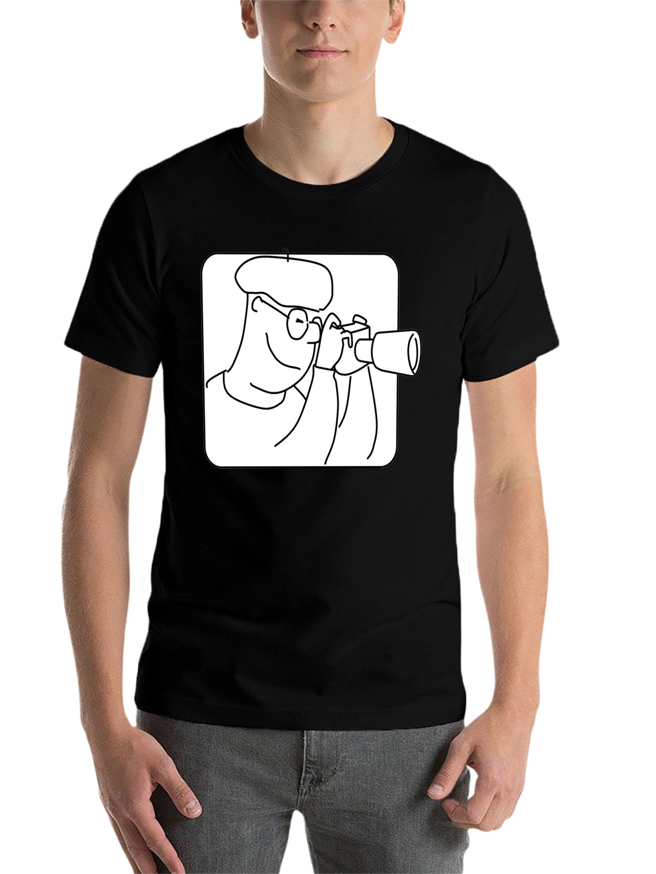 Black Black T-Shirt with Cartoon Photographer Design view 7
