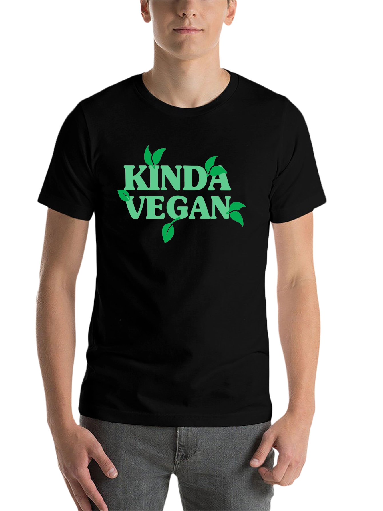 Black Kinda Vegan T-Shirt - Green Leaf Design view 7