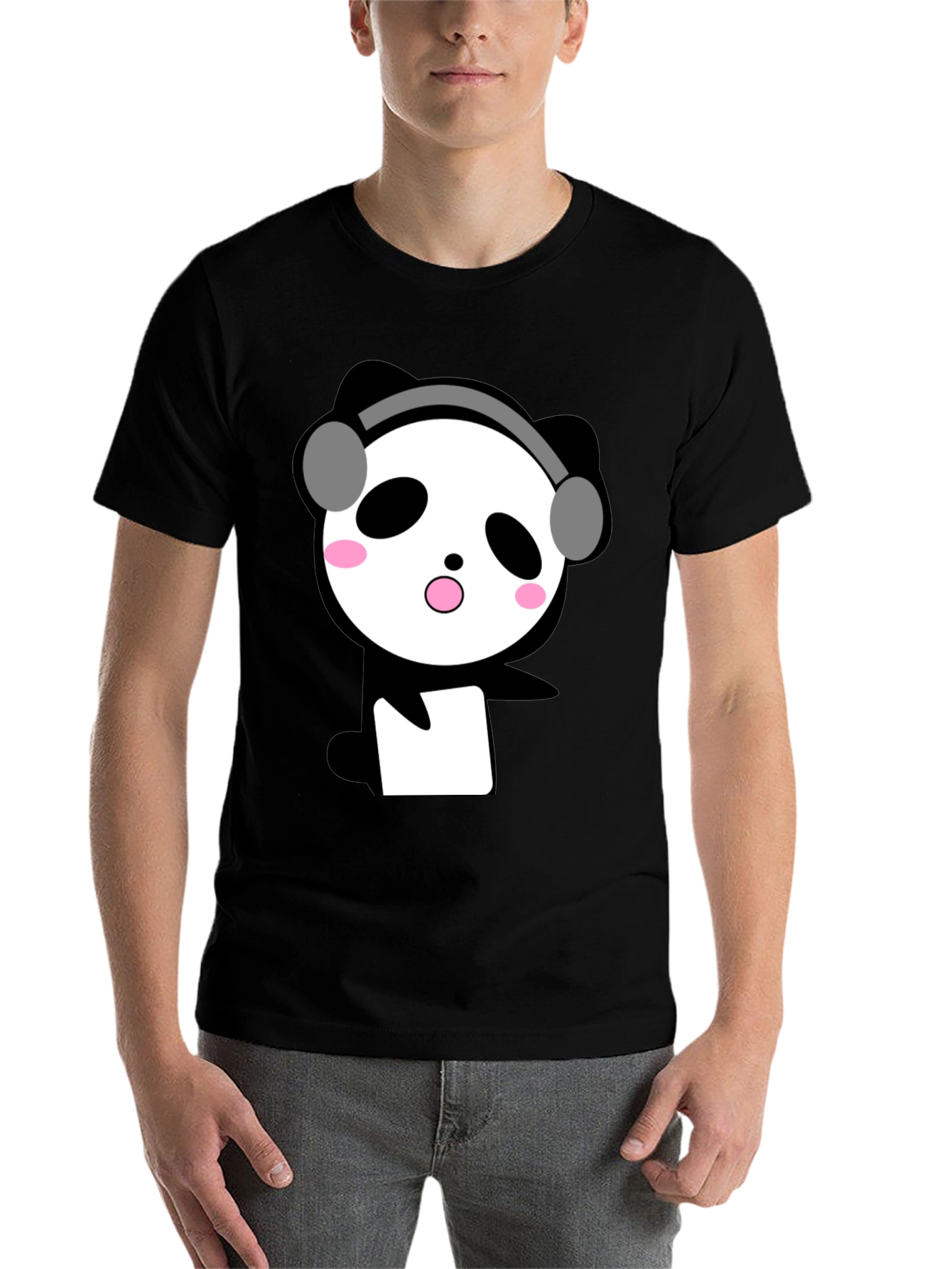 Black Cute Panda with Headphones Black T-Shirt view 7
