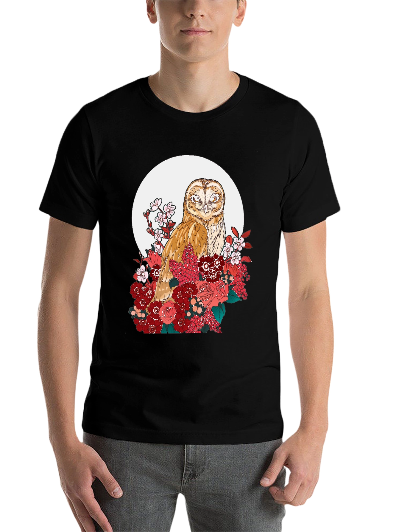 Black Owl and Floral Black T-Shirt view 7