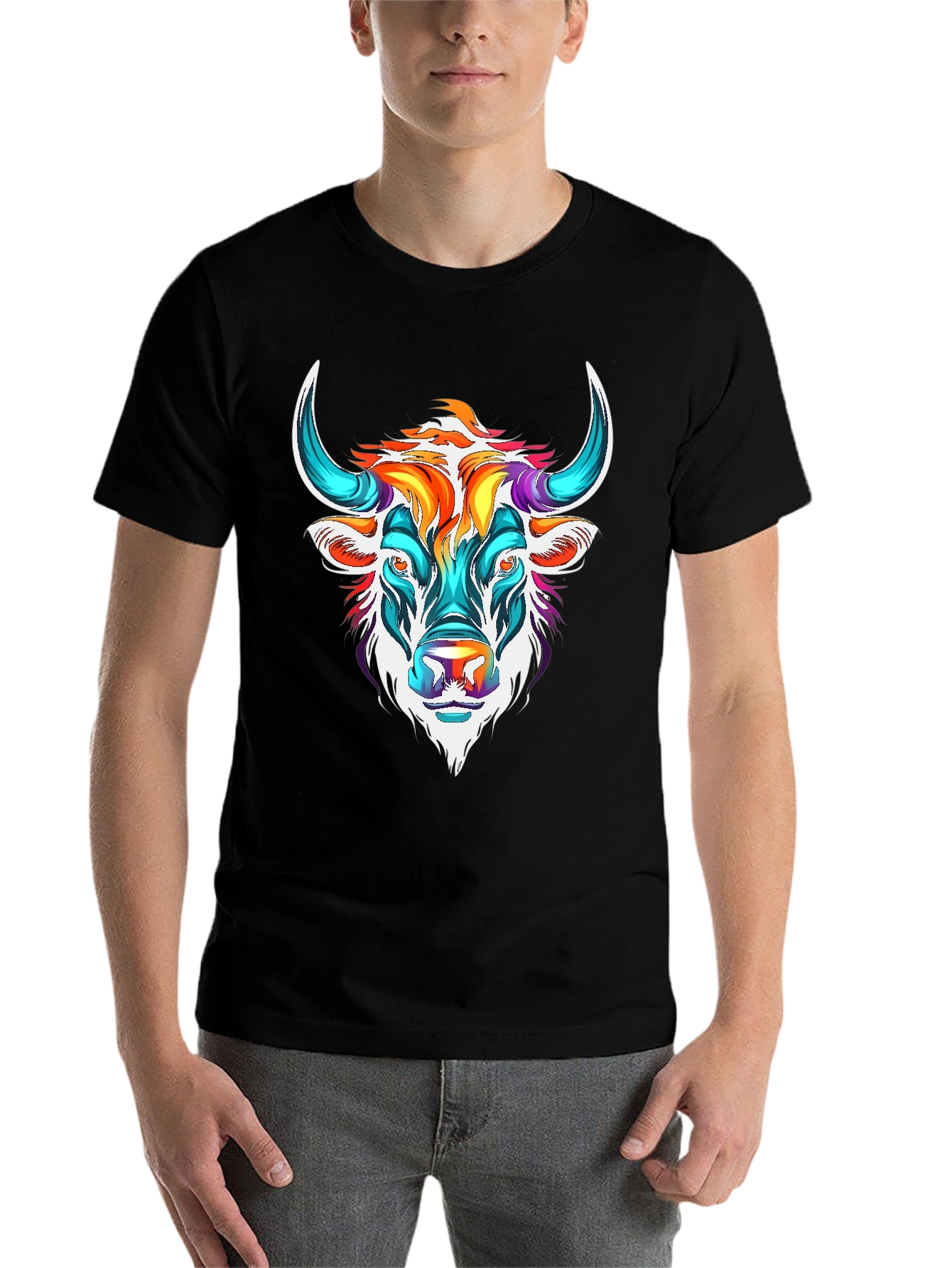 Black Colorful Bull Graphic Tee - Unisex T-Shirt view 7