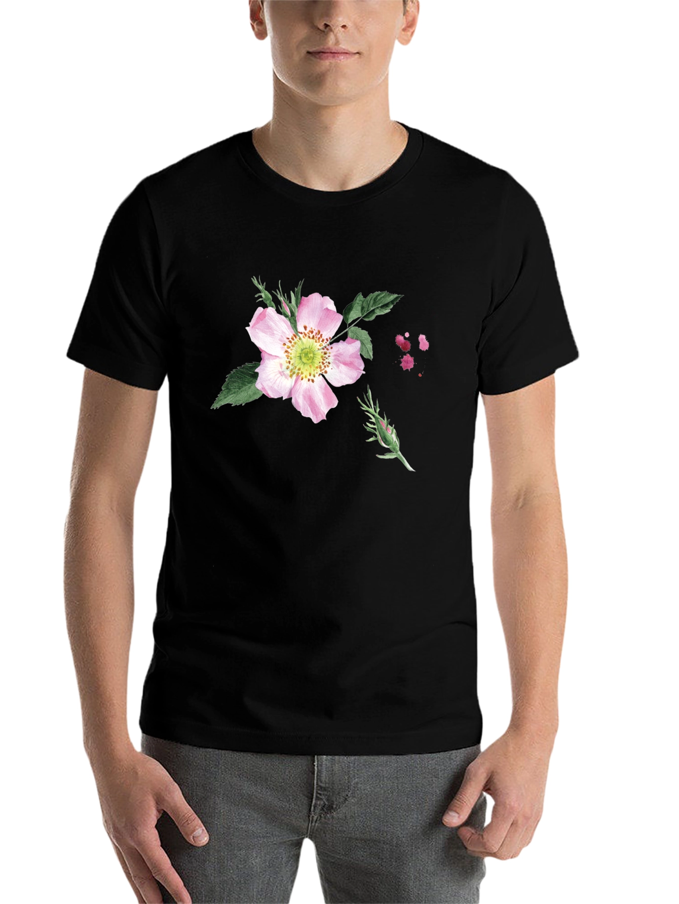 Black Floral Print Black T-Shirt - Botanical Style view 7