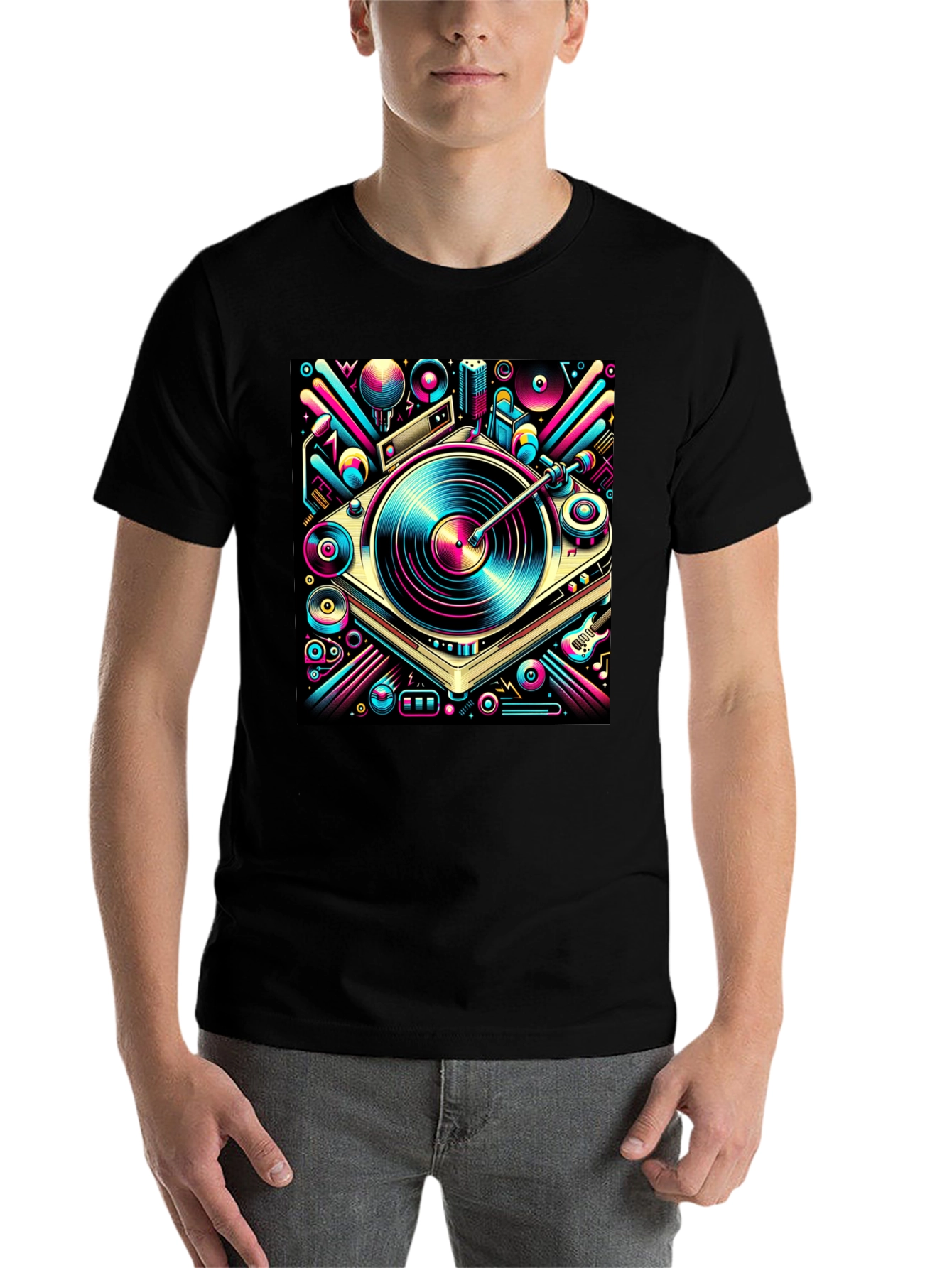Black Retro Turntable Graphic Tee view 7