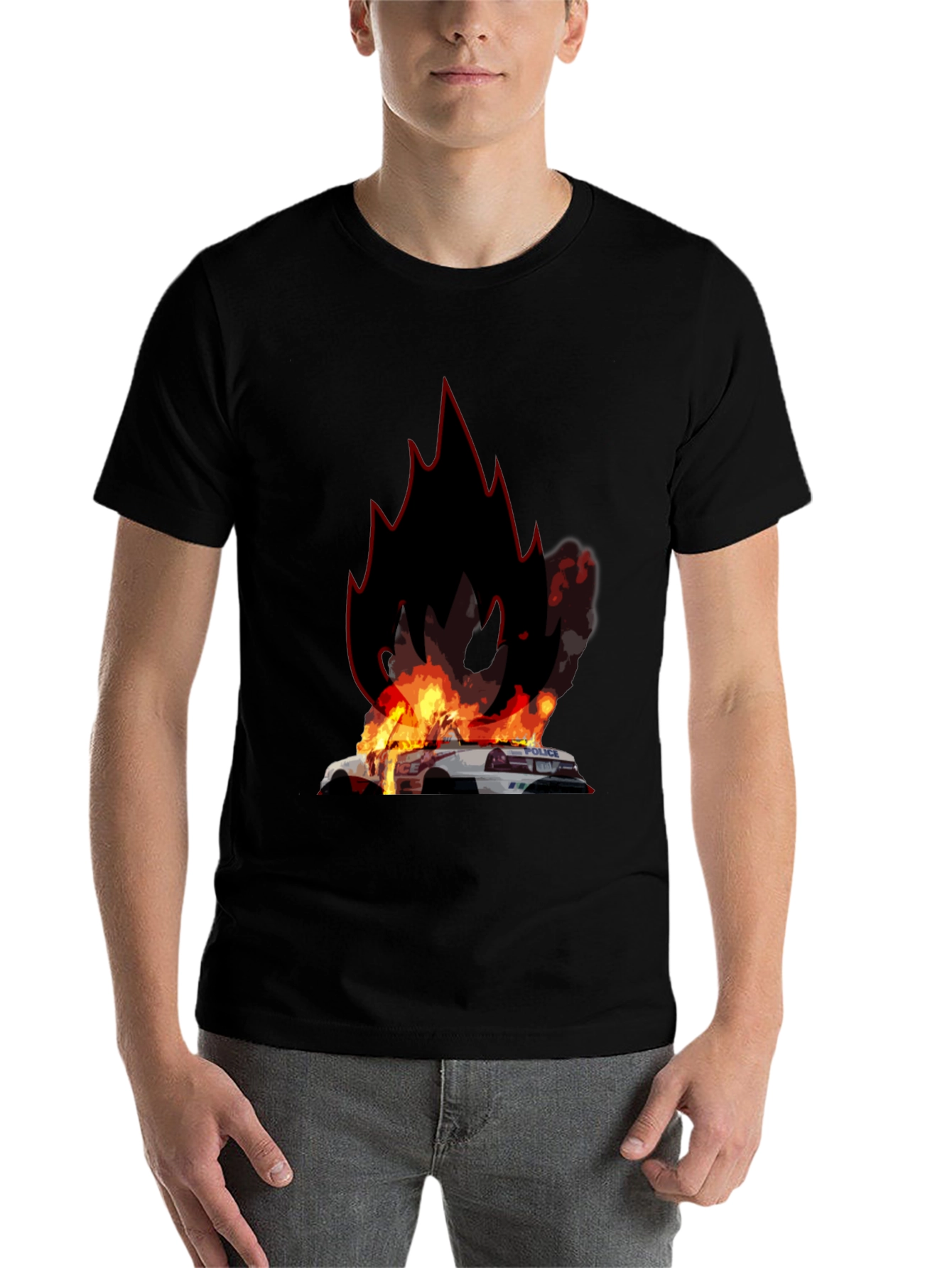 Black Burning Police Car T-Shirt - Bold Graphic Tee view 7