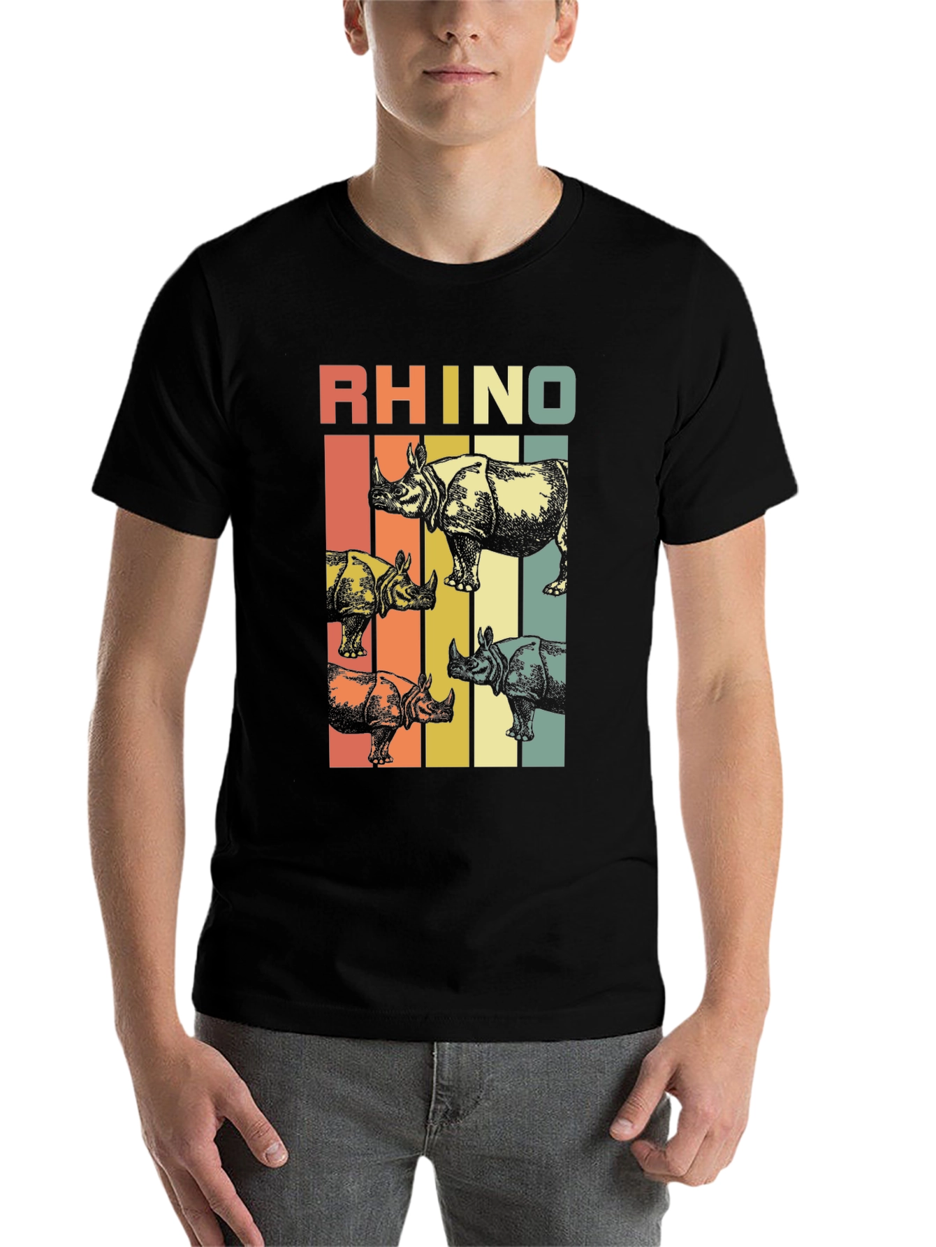 Black Retro Rhino T-Shirt: Vintage Style Animal Tee view 7