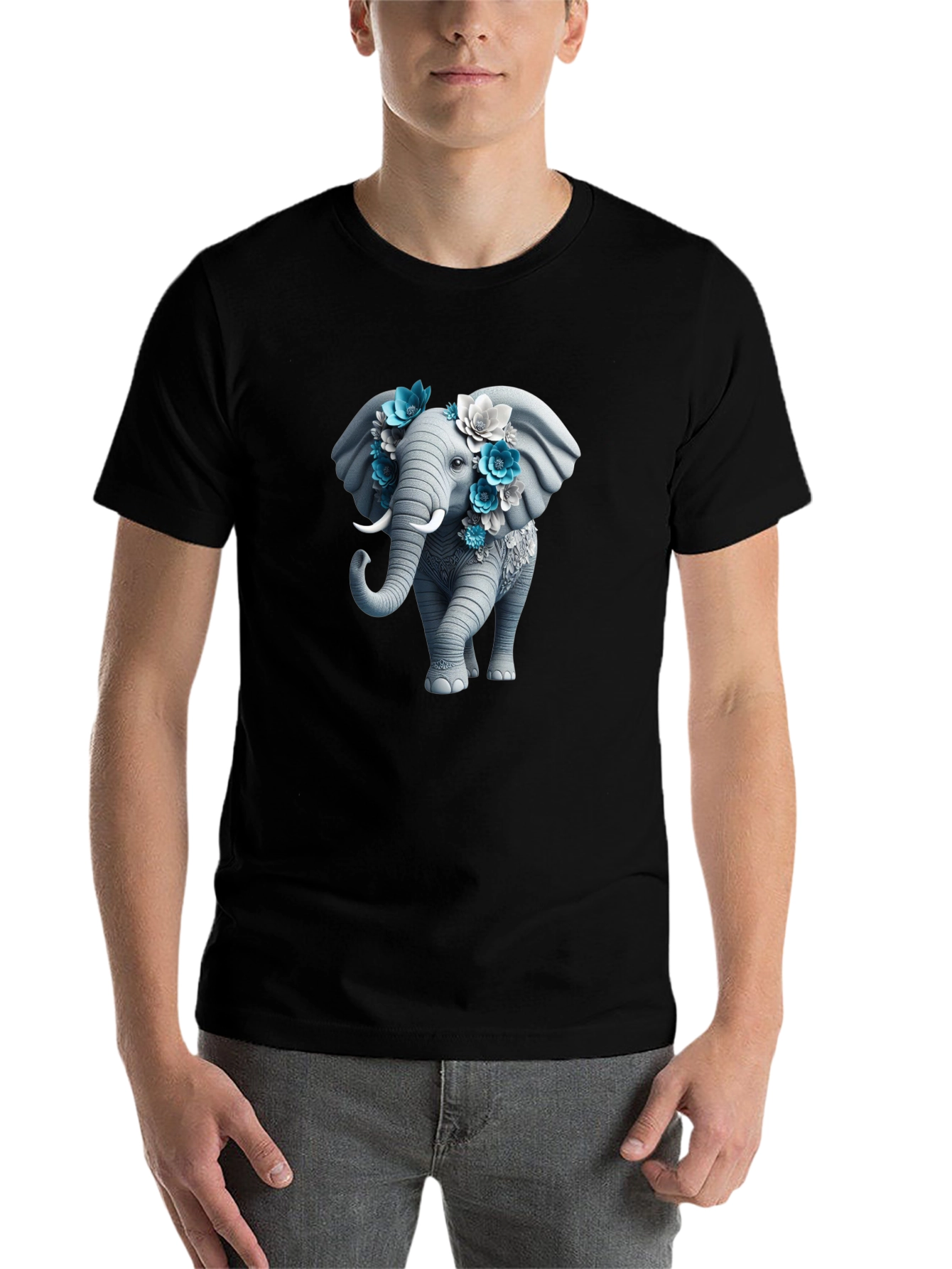 Black Floral Elephant Graphic Tee - Unique Design view 7