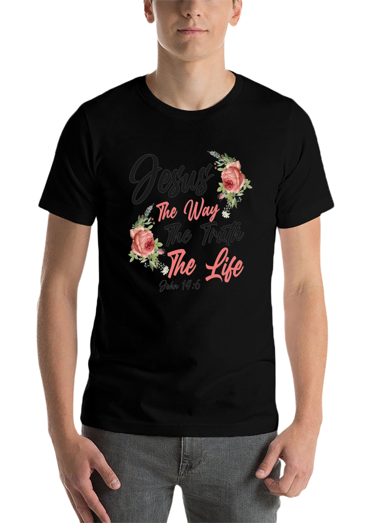 Black Floral Jesus the Way, Truth, Life Black T-Shirt view 7