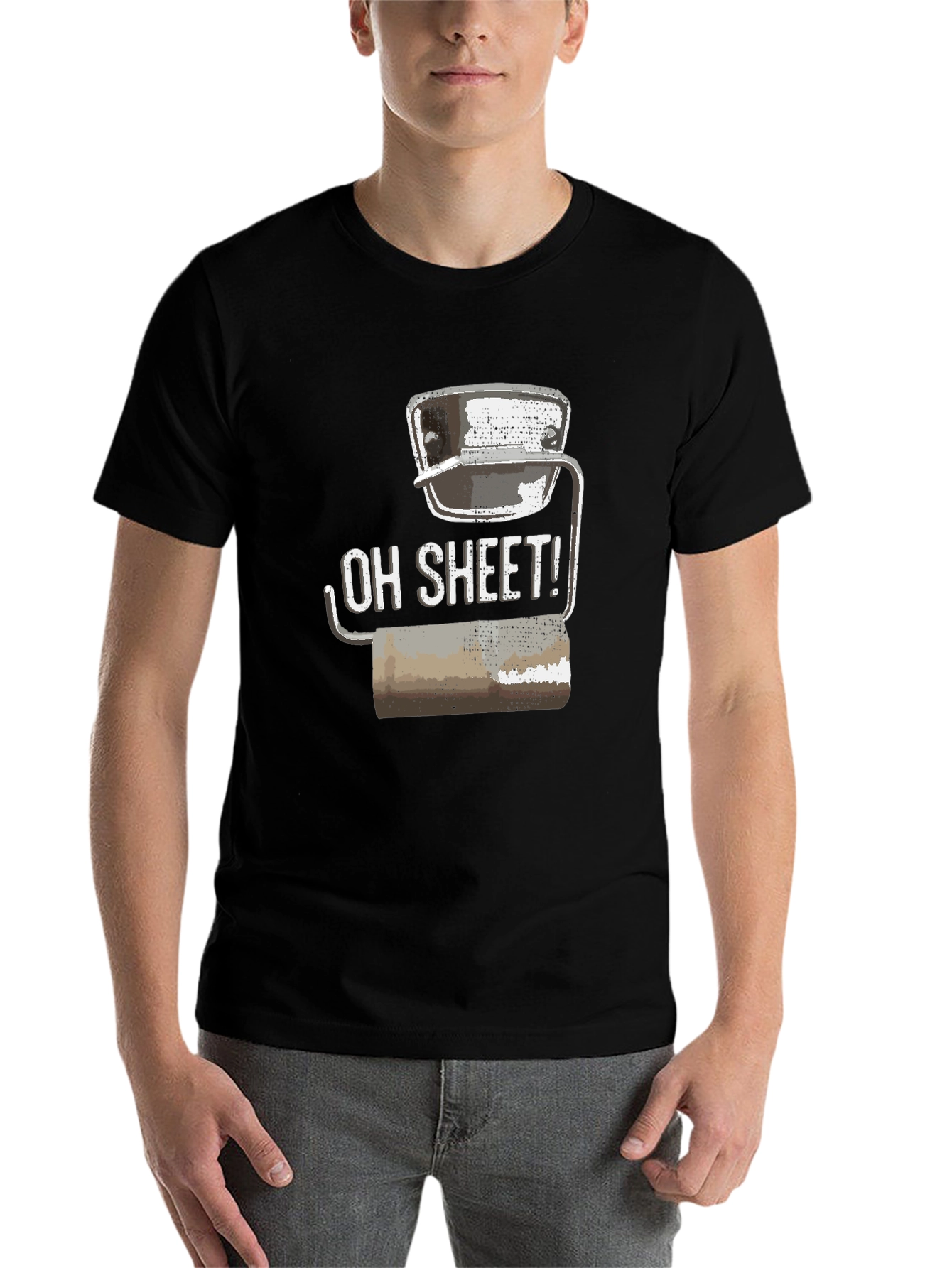 Black Humorous 'Oh Sheet!' Toilet Paper T-Shirt view 7
