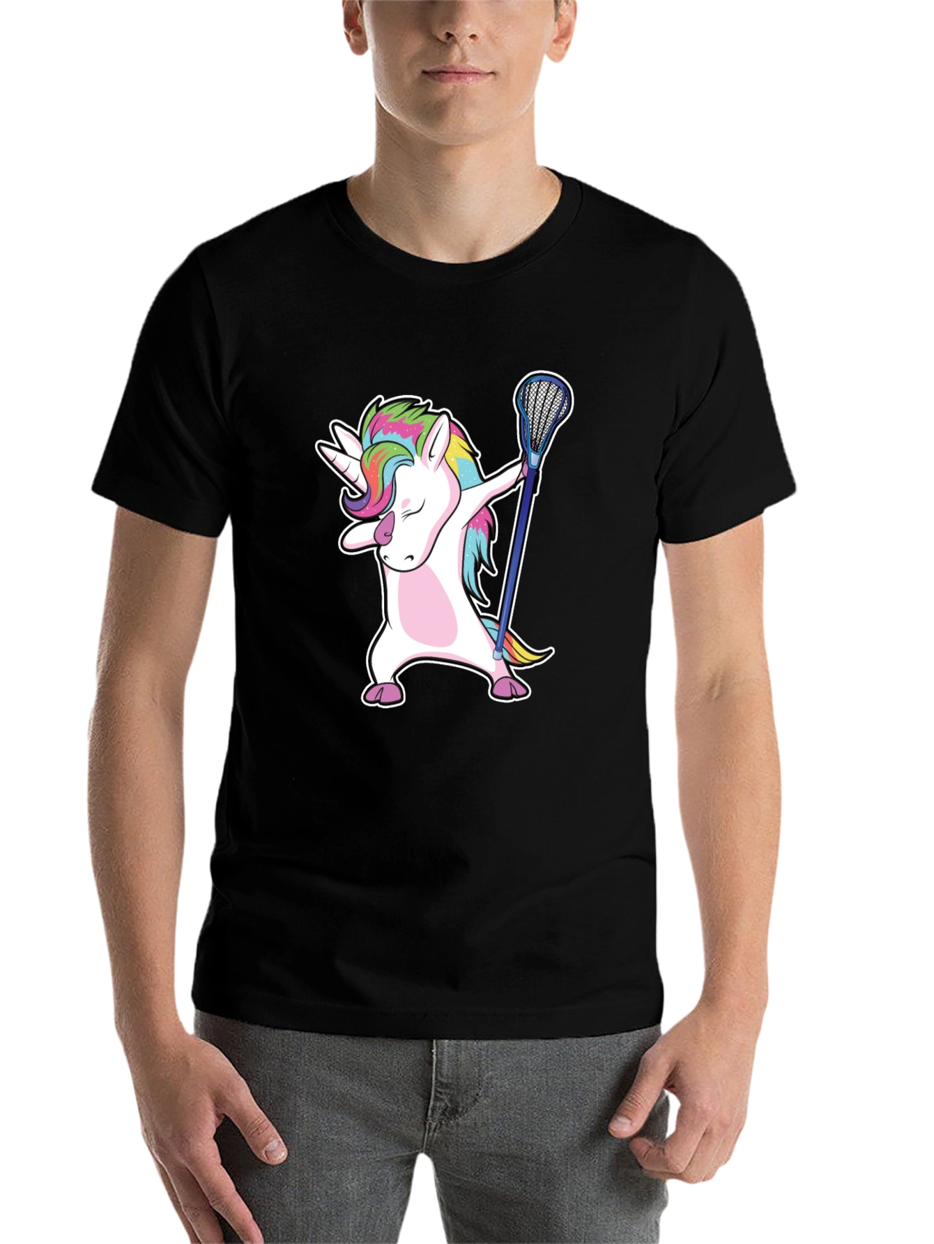 Black Unicorn Dabbing with Lacrosse Stick T-Shirt view 7