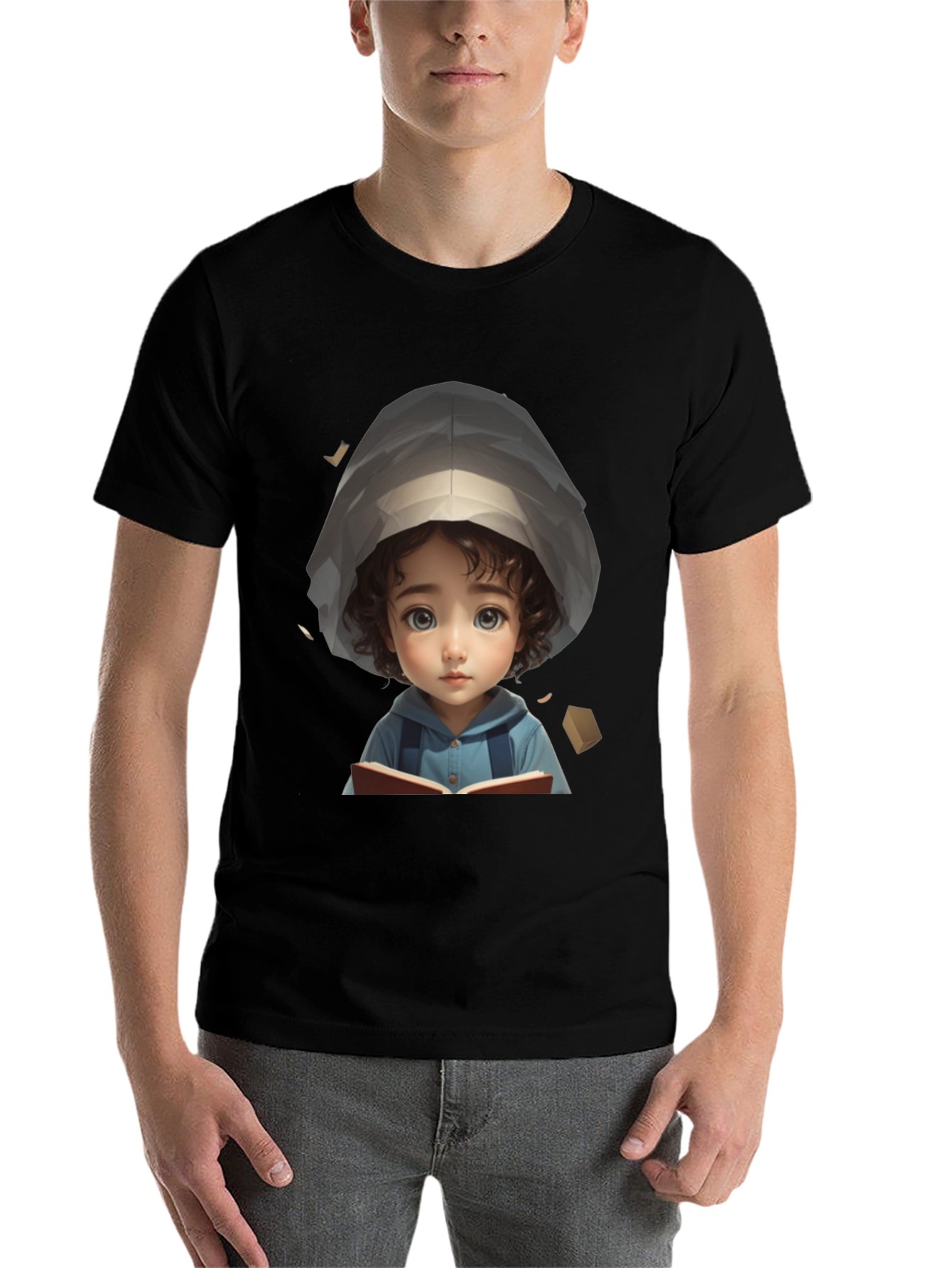 Black Cute Cartoon Girl Reading Book Black T-Shirt view 7