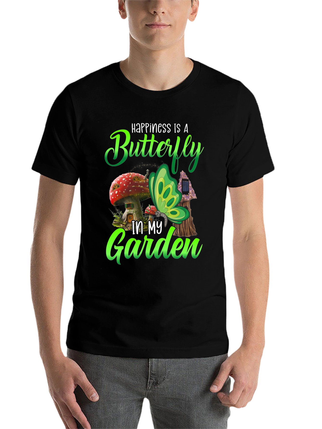 Black Happiness Butterfly Garden Black T-Shirt view 7
