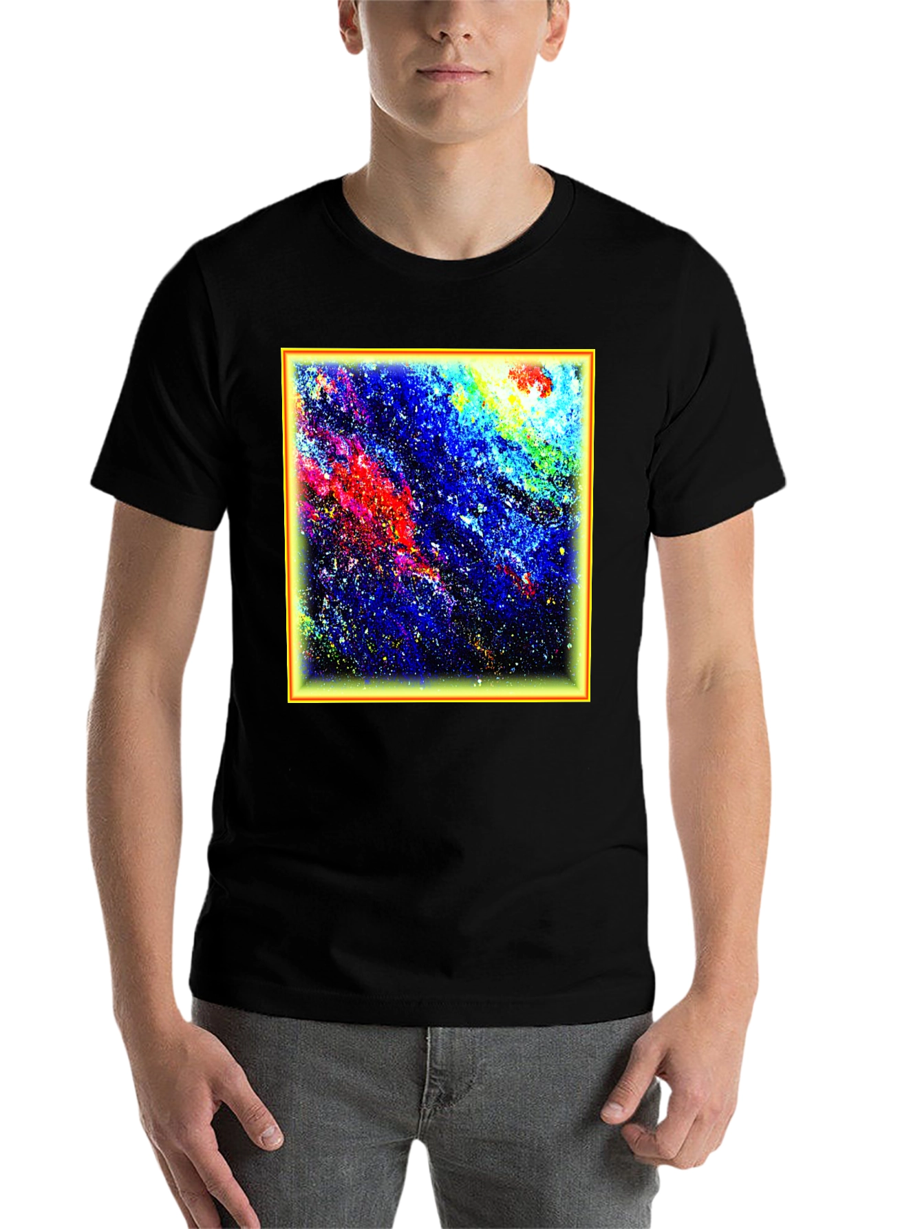 Black Abstract Art T-Shirt - Colorful Galaxy Design view 7
