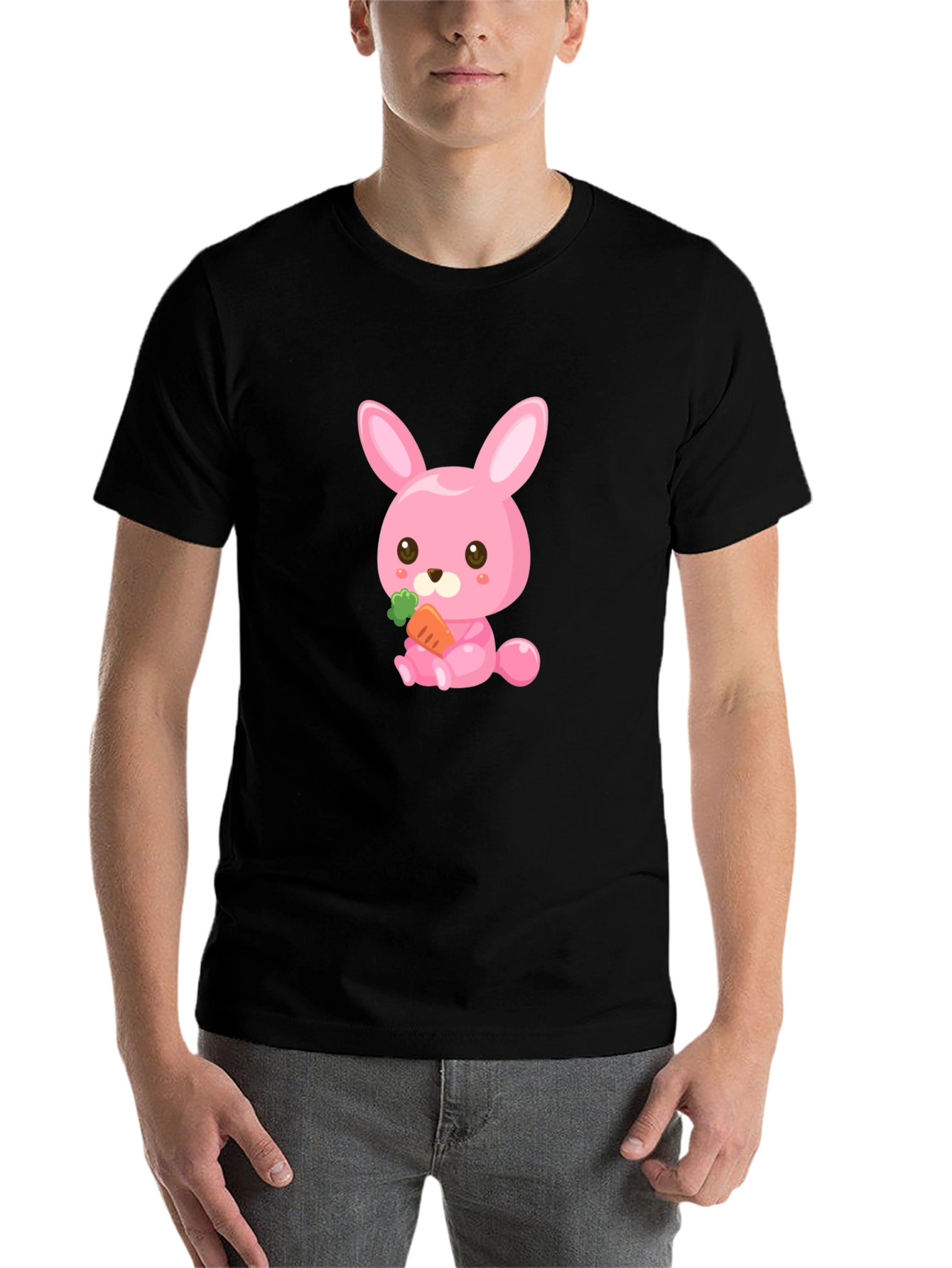 Black Cute Pink Bunny with Carrot Graphic Tee view 7