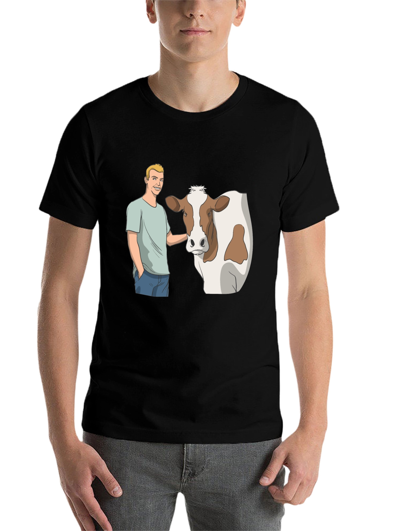 Black Cartoon Man & Cow Black T-Shirt view 7