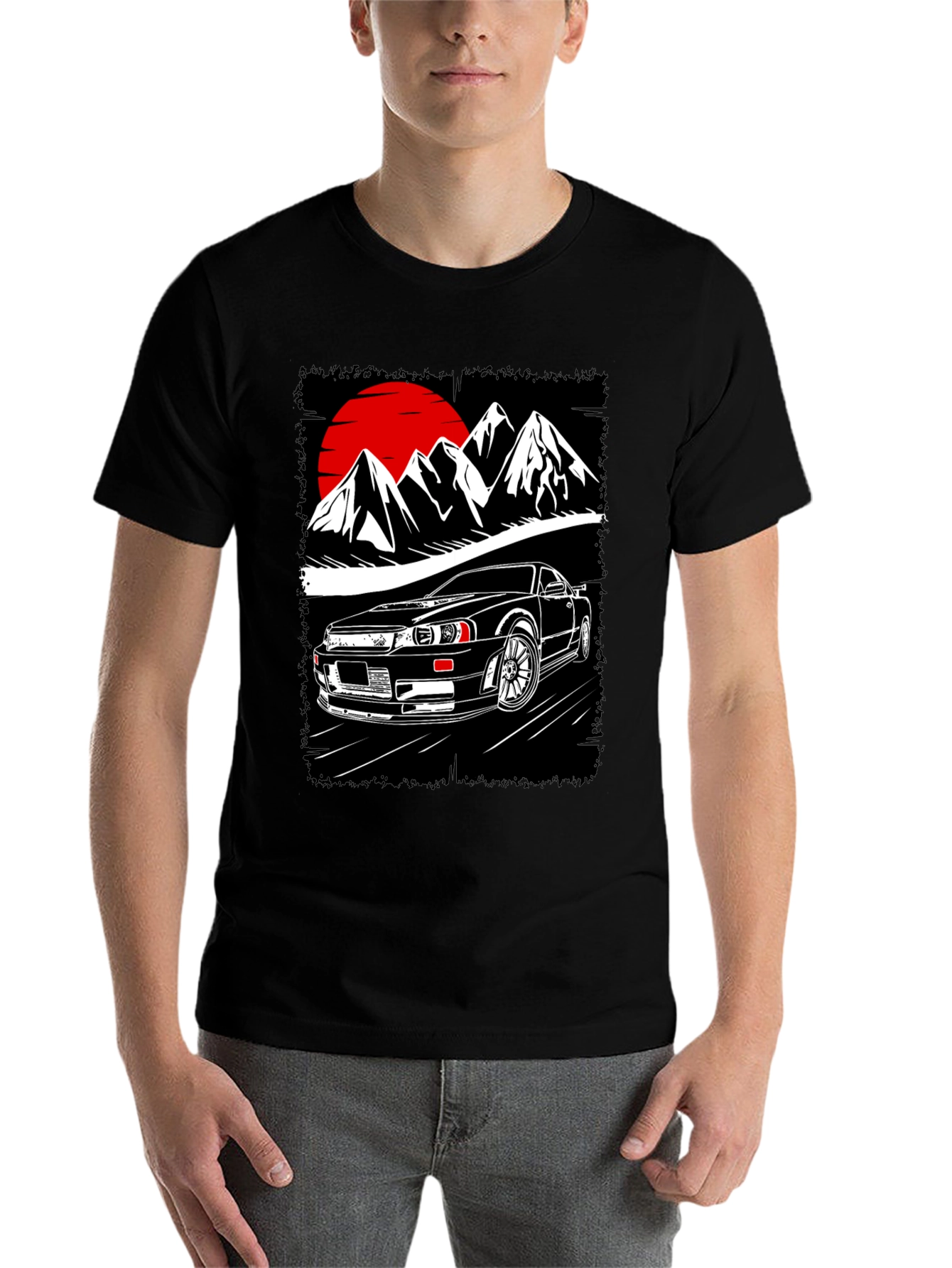 Black Car & Mountain Graphic Tee - Black Cotton T-Shirt view 7