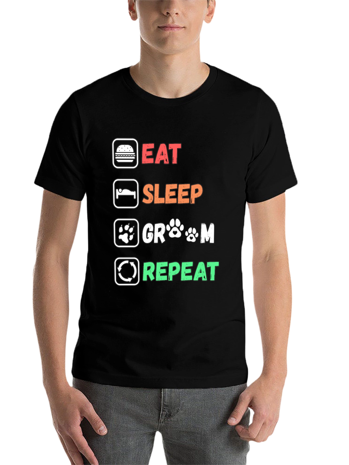 Black Eat Sleep Groom Repeat T-Shirt - Dog Grooming Lover Tee view 7