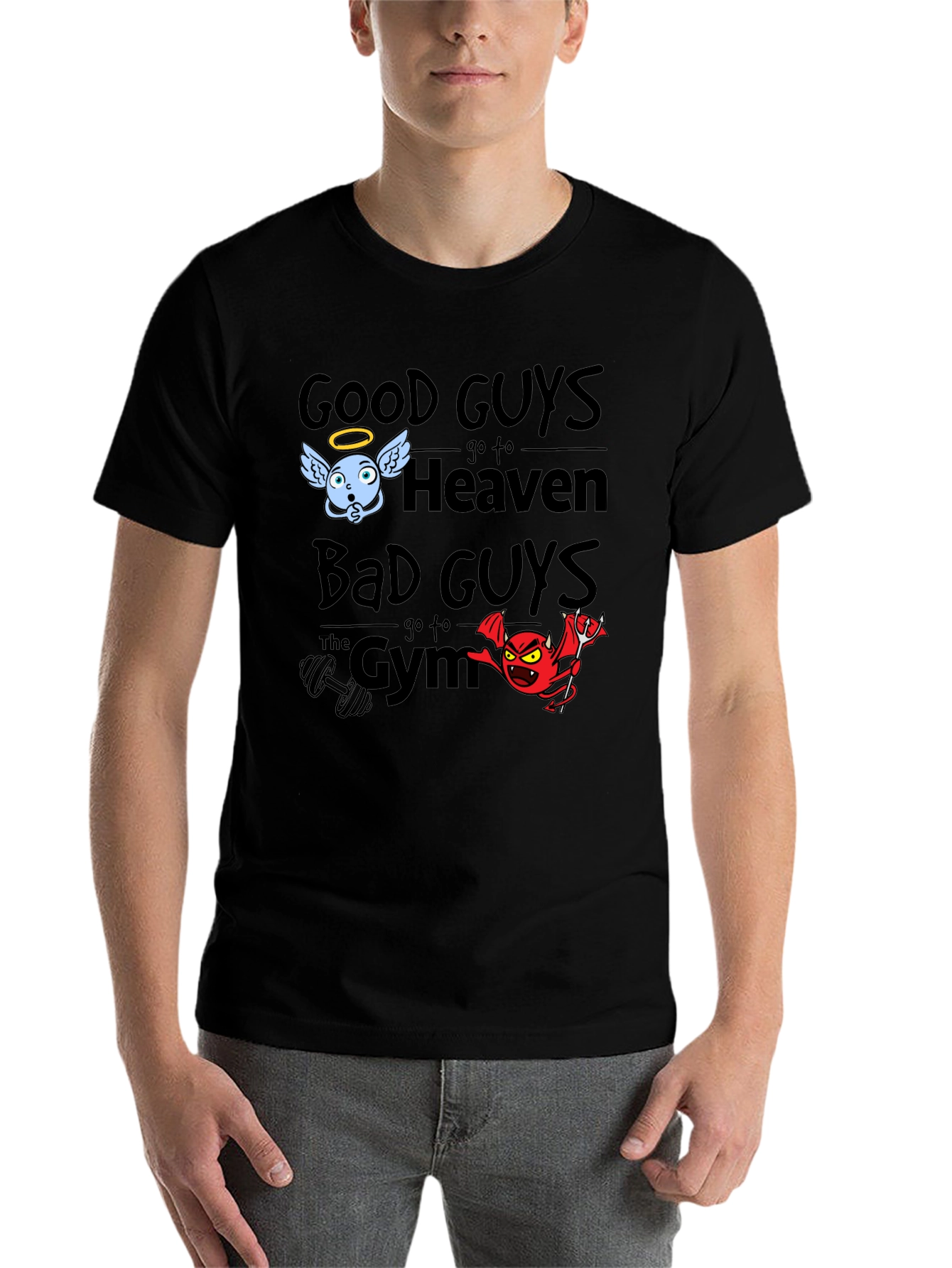 Black Good Guys Heaven Bad Guys Gym Graphic T-Shirt view 7