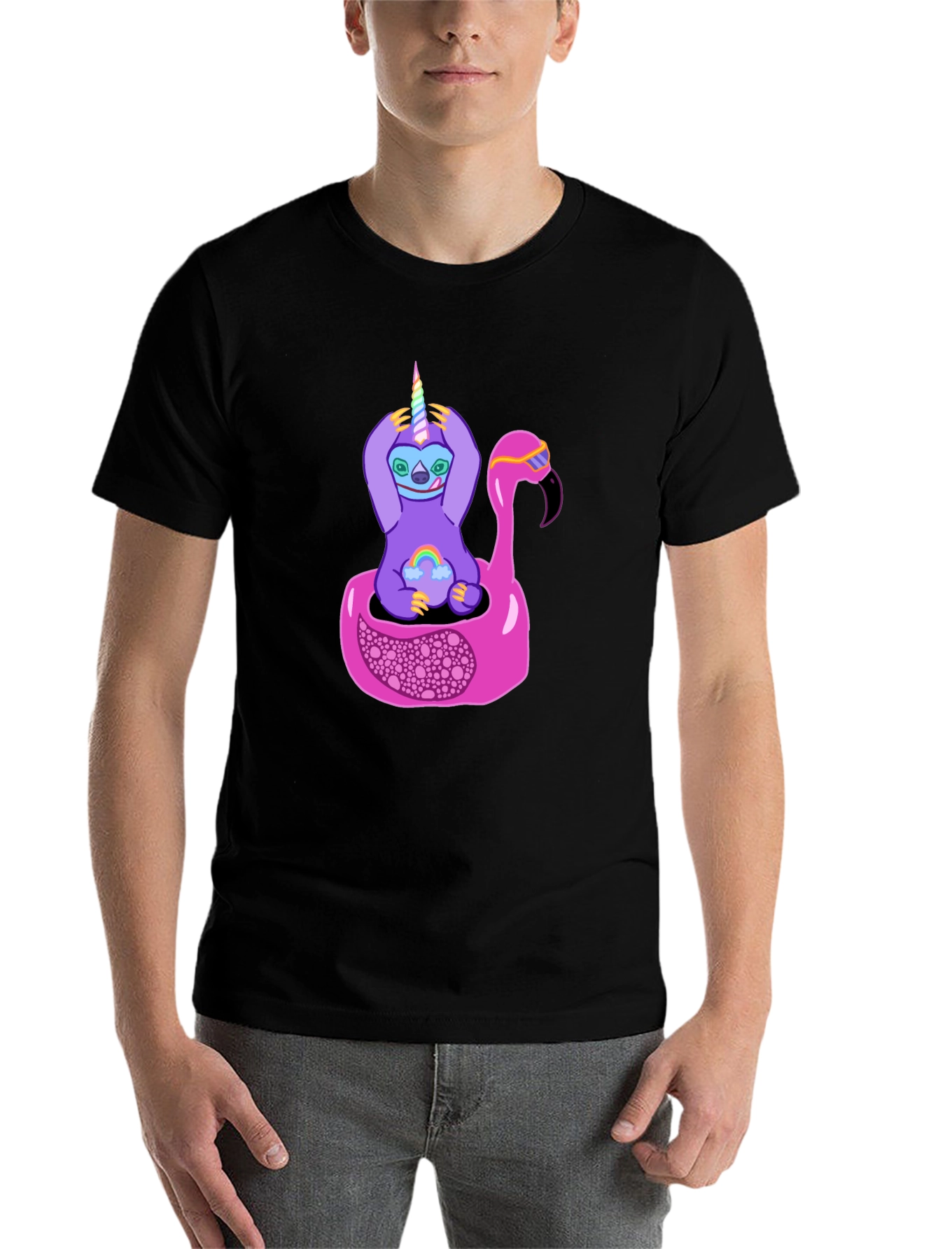 Black Sloth Unicorn Flamingo Pool Float Graphic Tee view 7