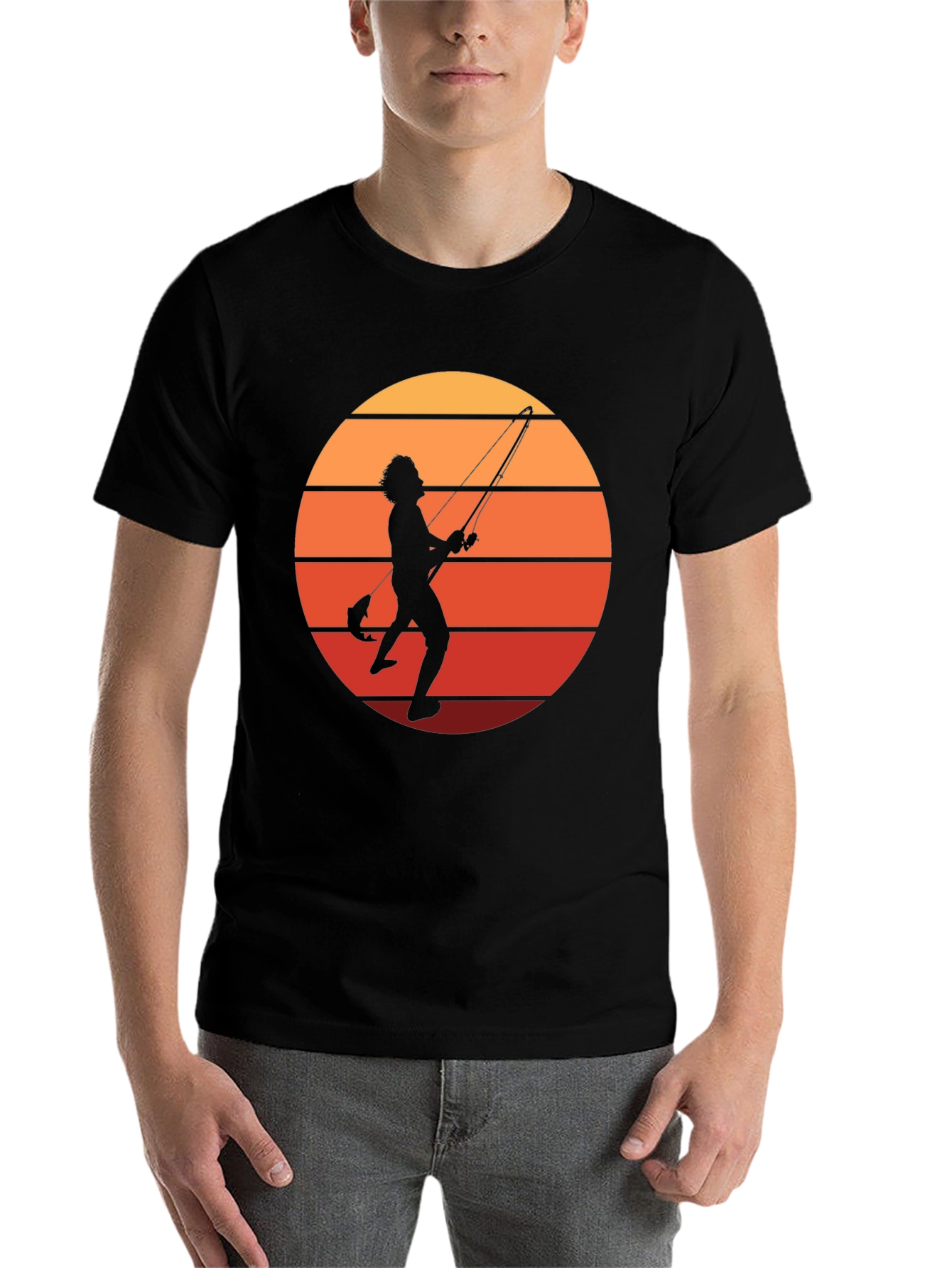 Black Retro Fishing T-Shirt - Sunset Silhouette view 7