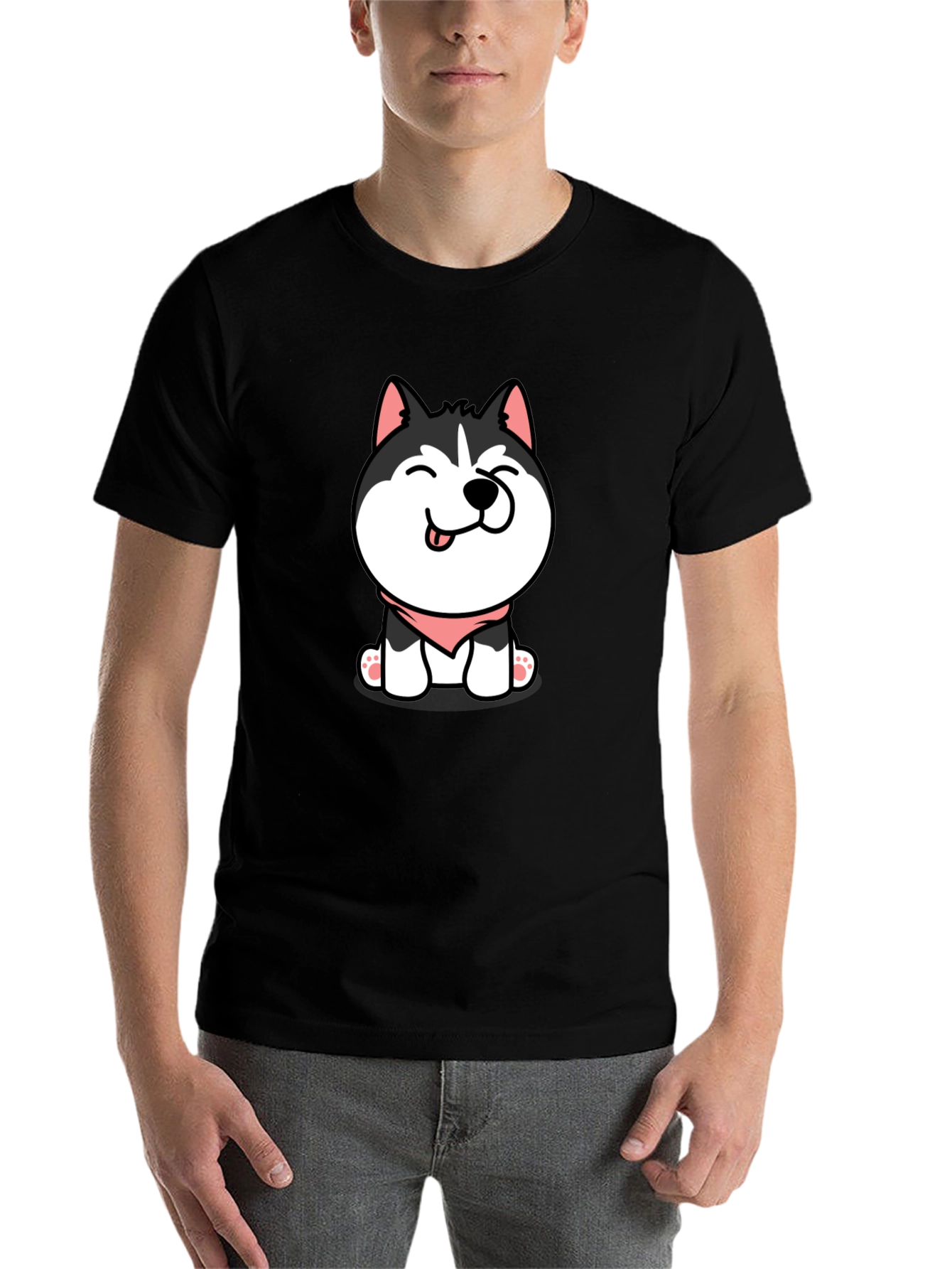 Black Cute Husky Puppy Graphic Tee - Black Cotton T-Shirt view 7