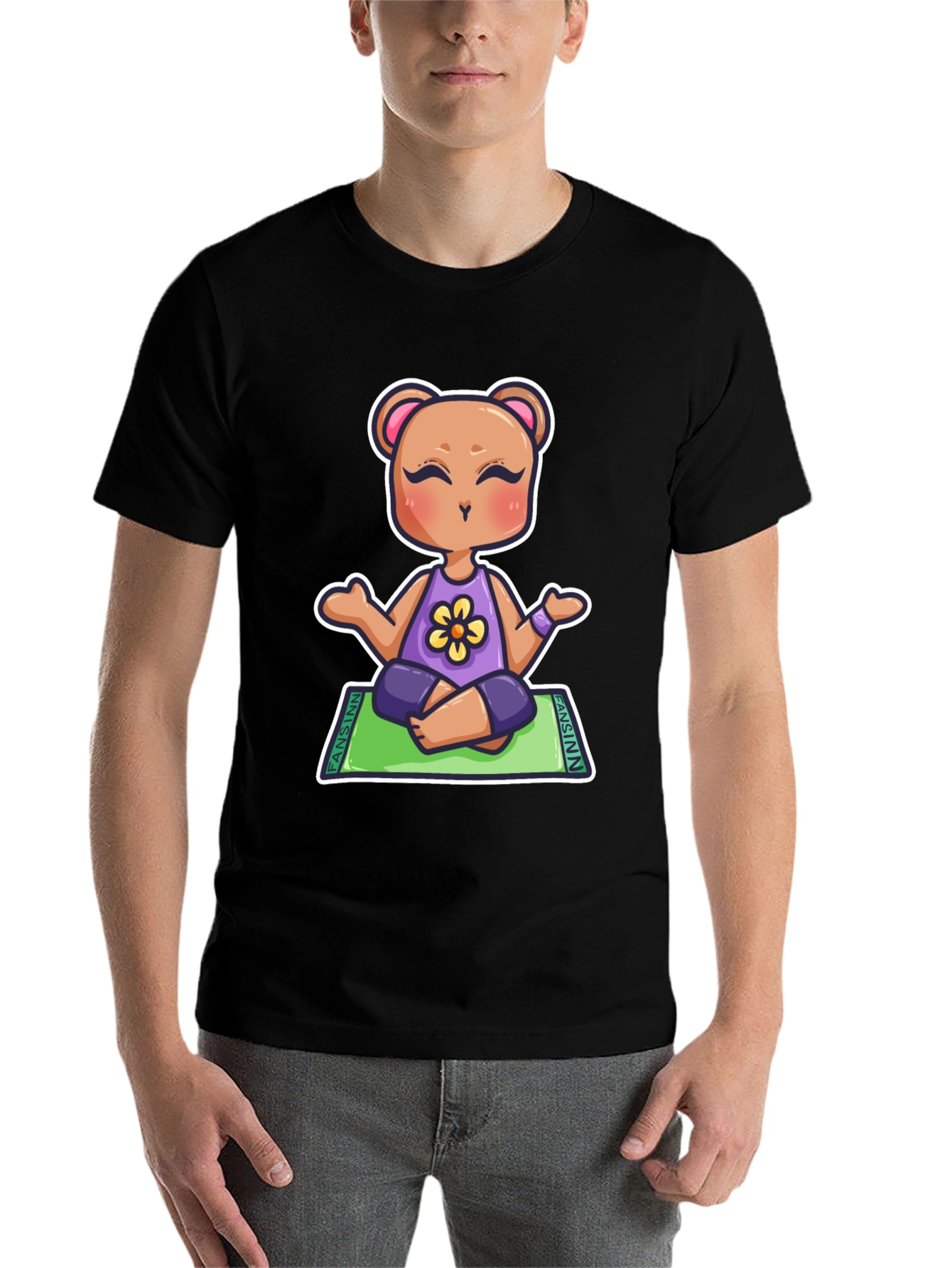 Black Yoga Bear Cartoon T-Shirt view 7