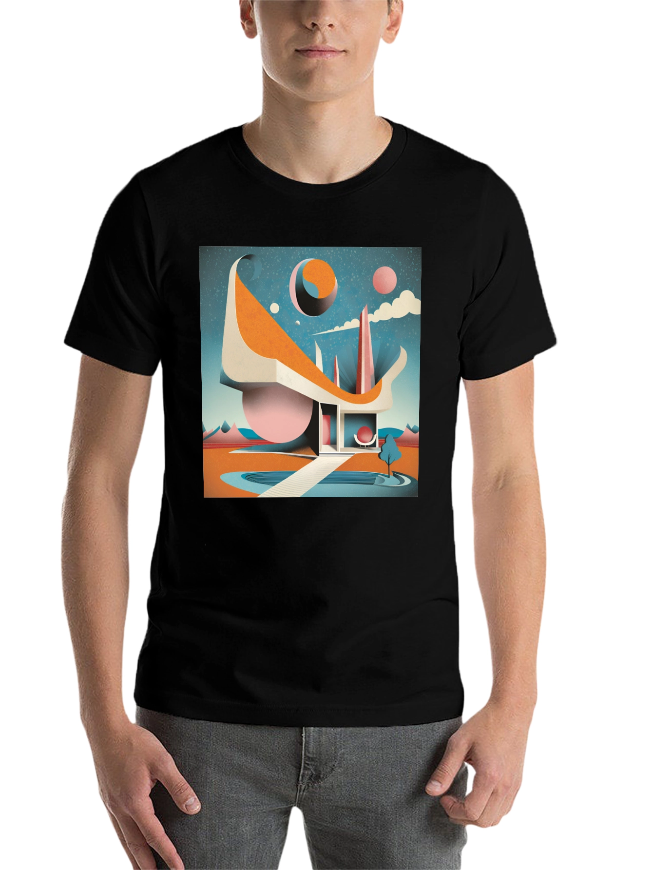 Black Retro Futuristic T-Shirt: Modernist Architectural Design view 7