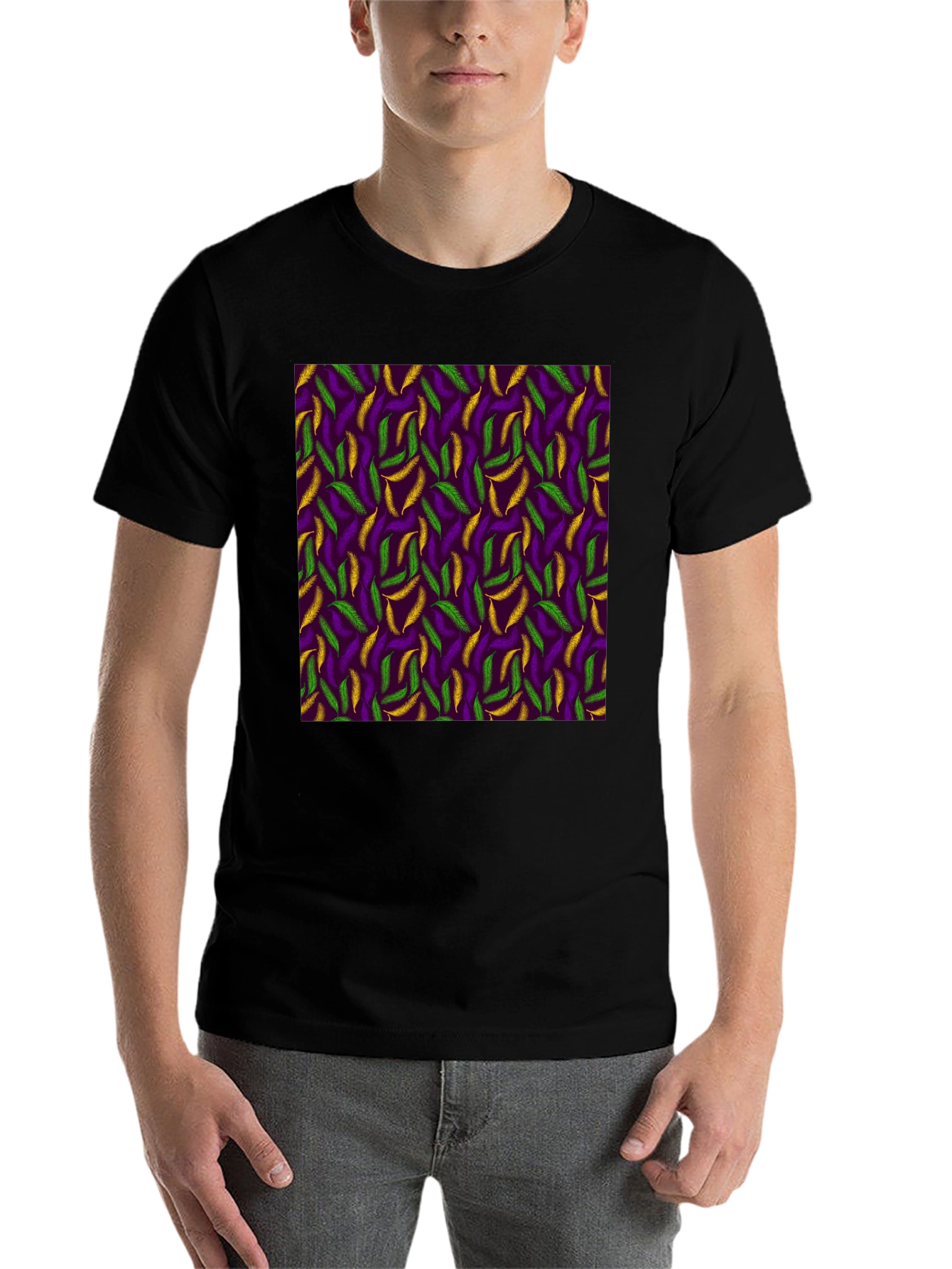 Black Mardi Gras Feather Pattern Crewneck T-Shirt view 7