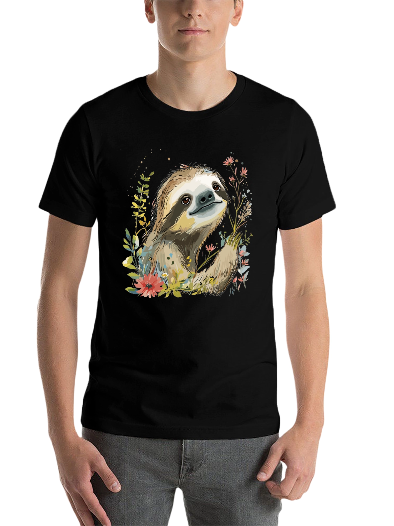 Black Sloth & Floral Print Black T-Shirt view 7