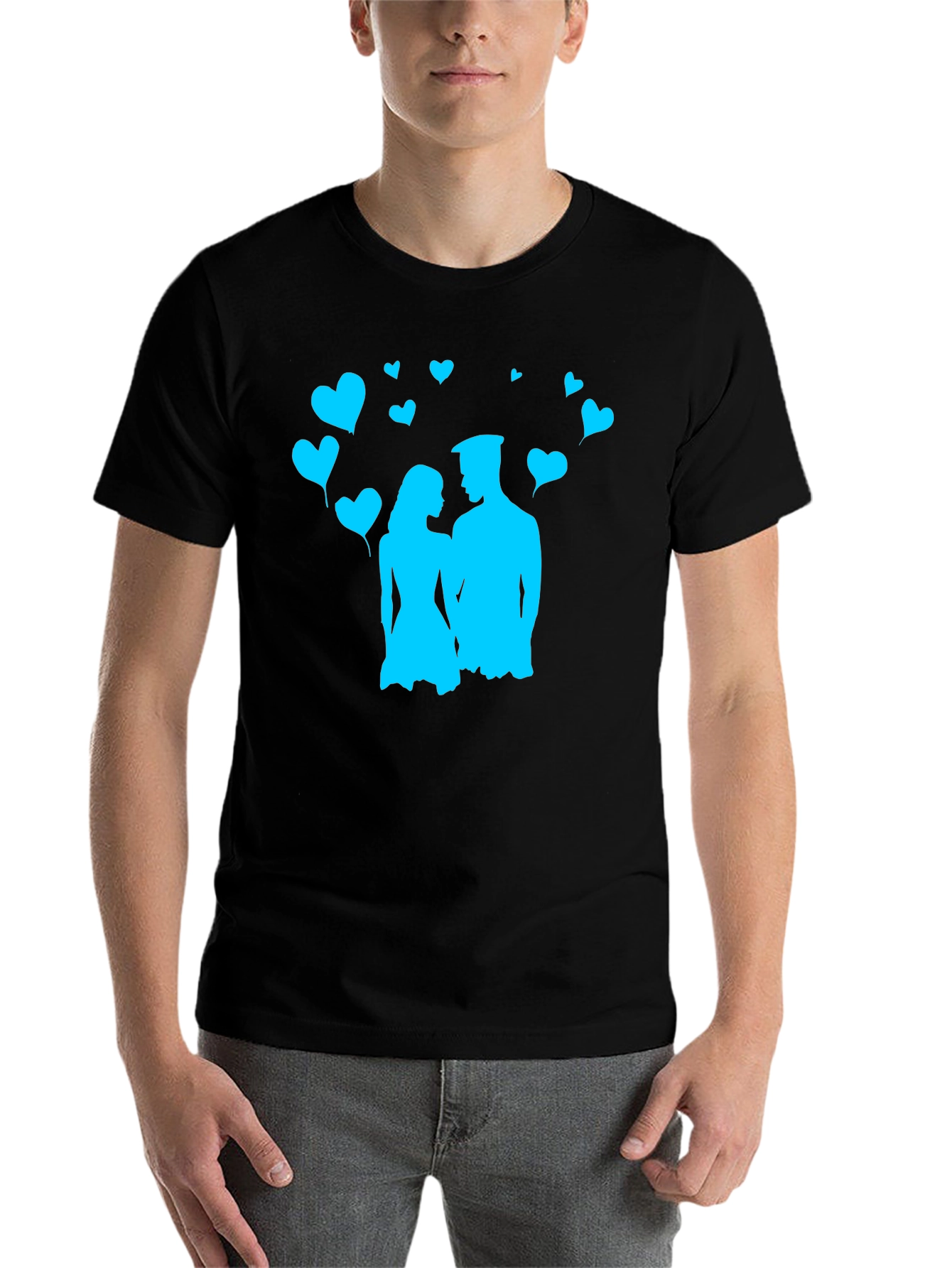 Black Couple's Love T-Shirt - Black with Blue Heart Design view 7