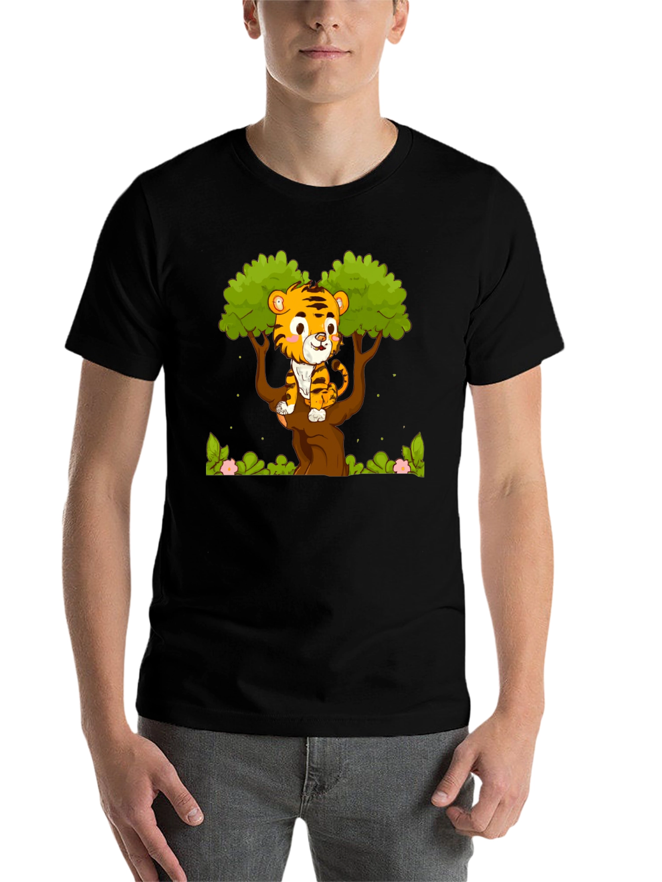 Black Cute Tiger Cub in Tree Graphic T-Shirt view 7