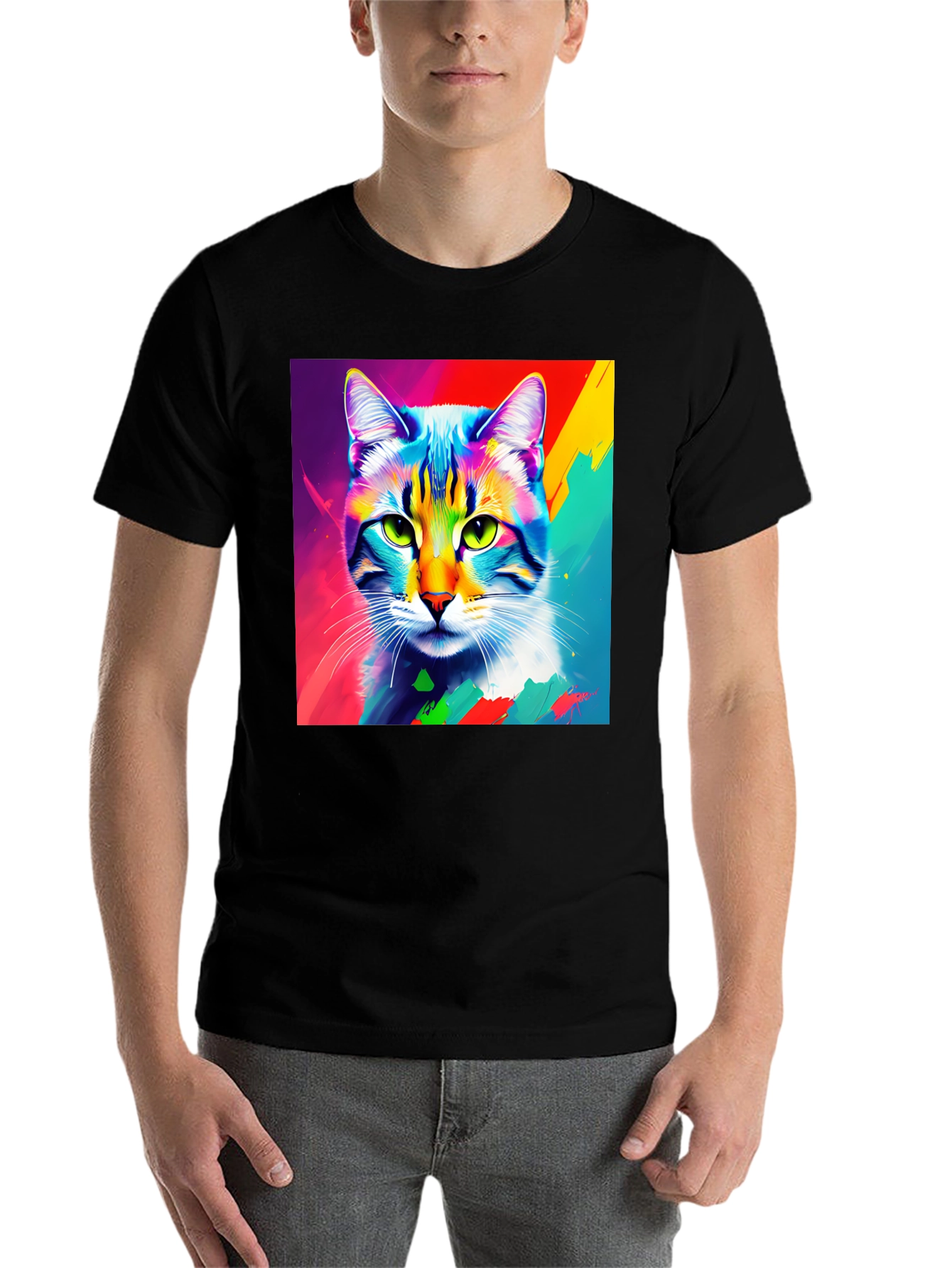 Black Vibrant Cat Portrait Graphic Tee - Stylish Crew Neck T-Shirt view 7