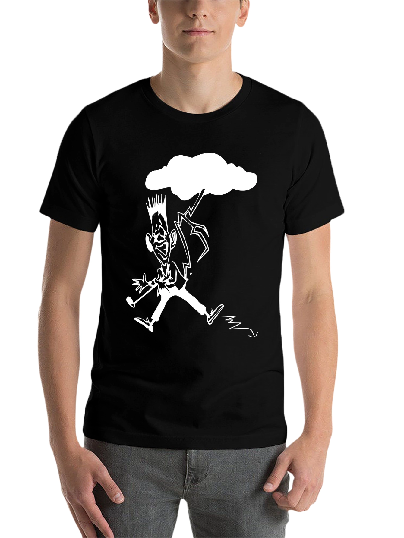 Black Black T-Shirt with Funny Lightning Cartoon view 7